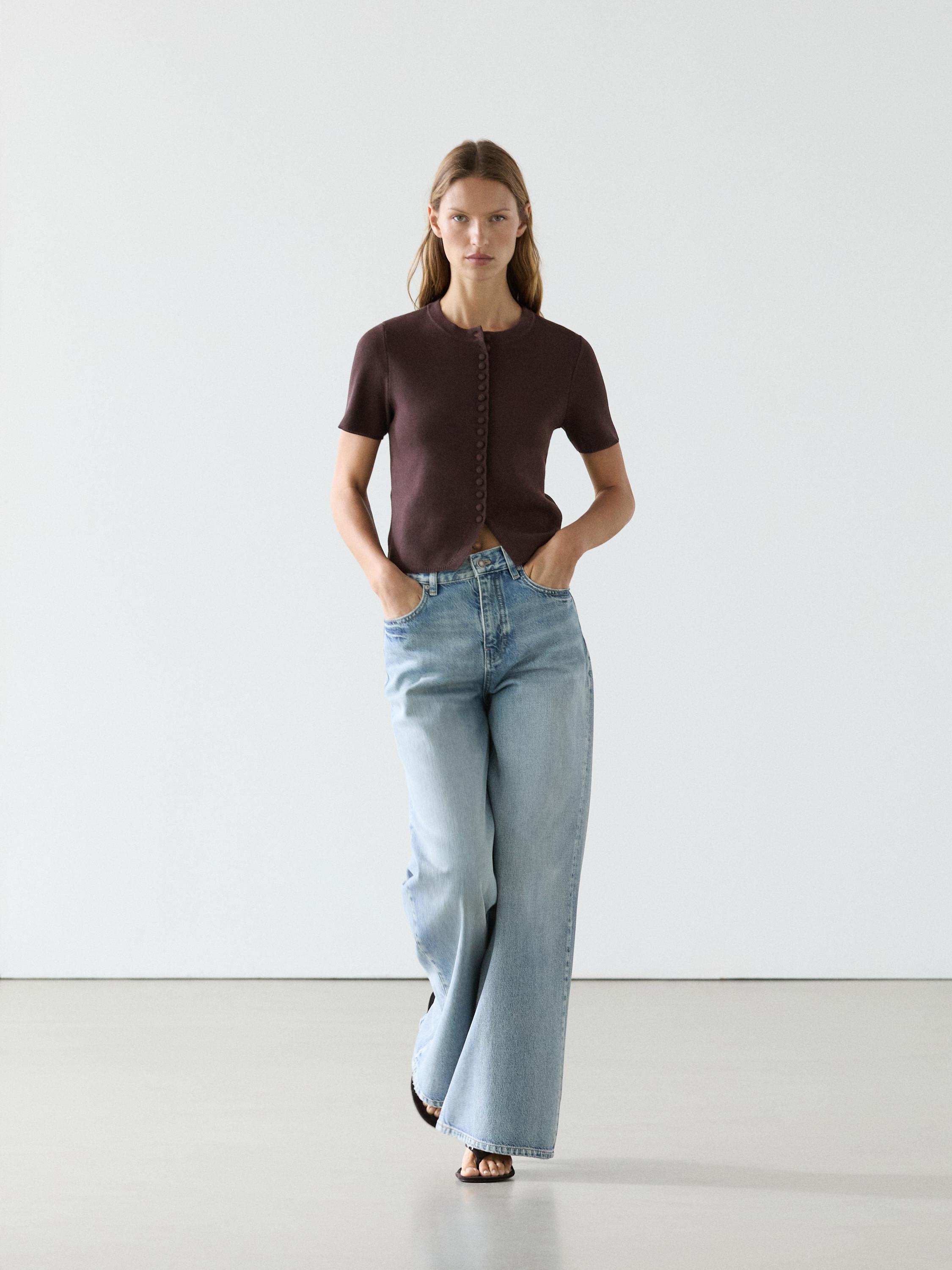 Cotton short sleeve knit cardigan — BROWN