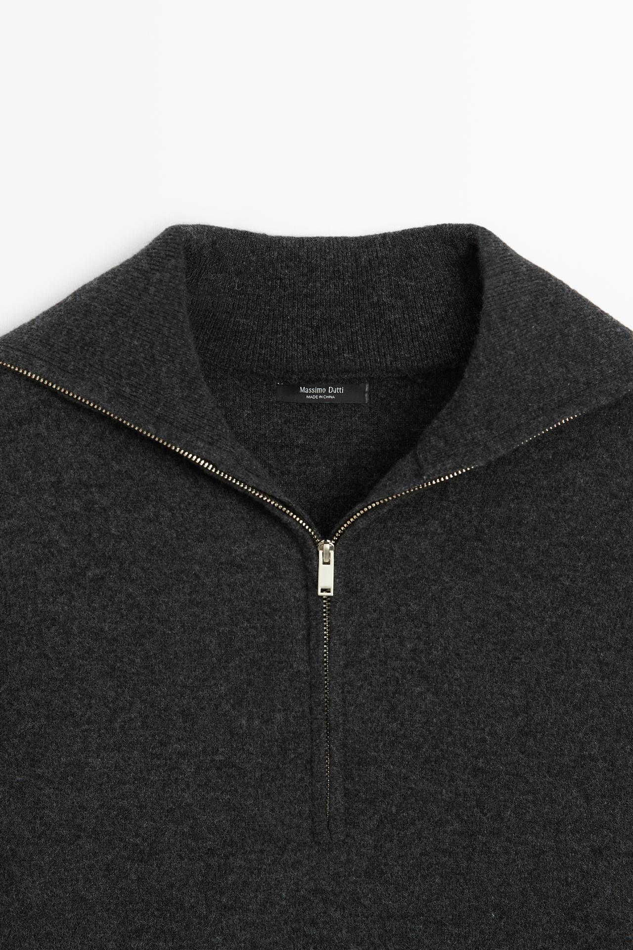 Wide collar zip-up knit sweater — ANTHRACITE GREY