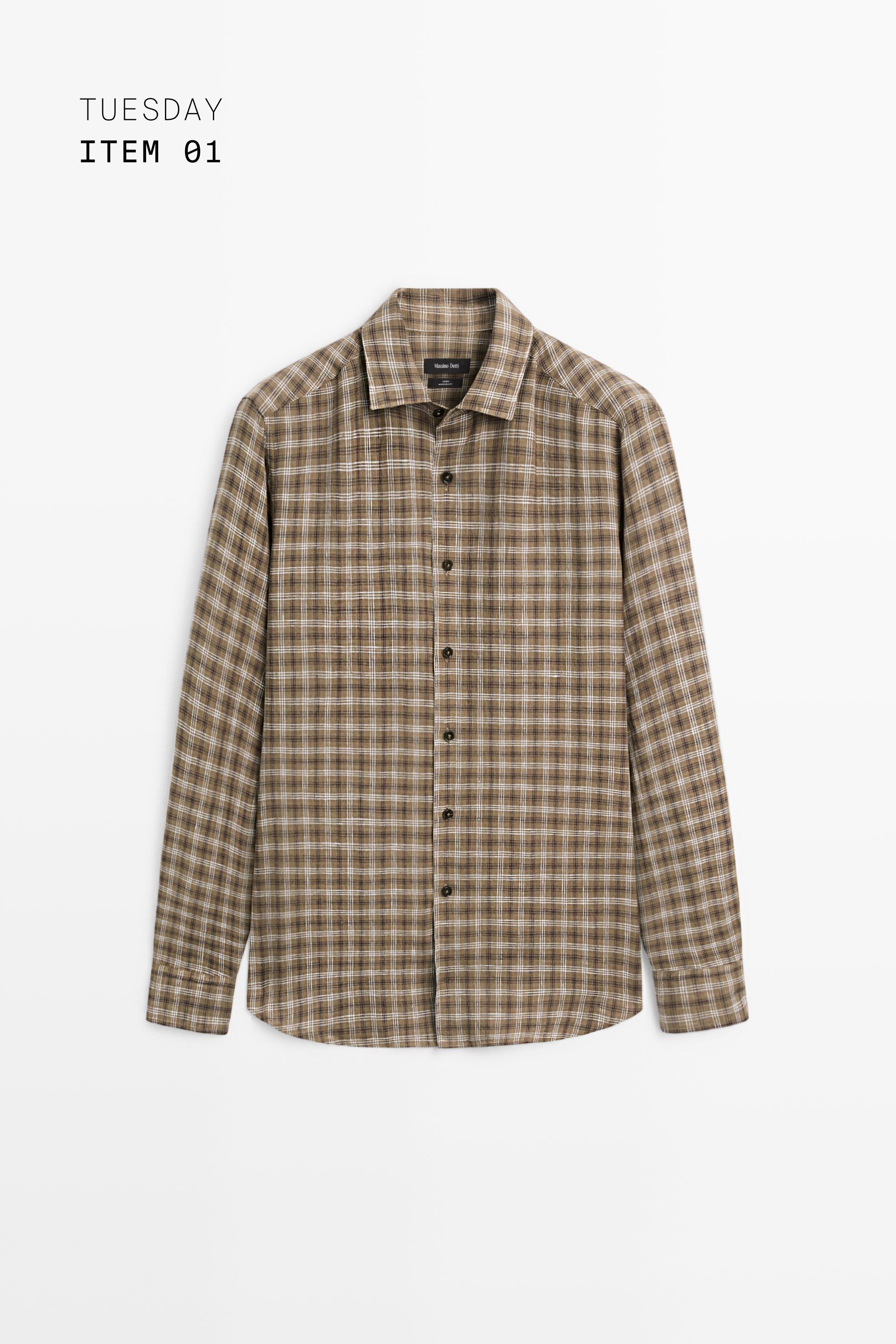 100% linen regular fit check shirt — BROWN MARL
