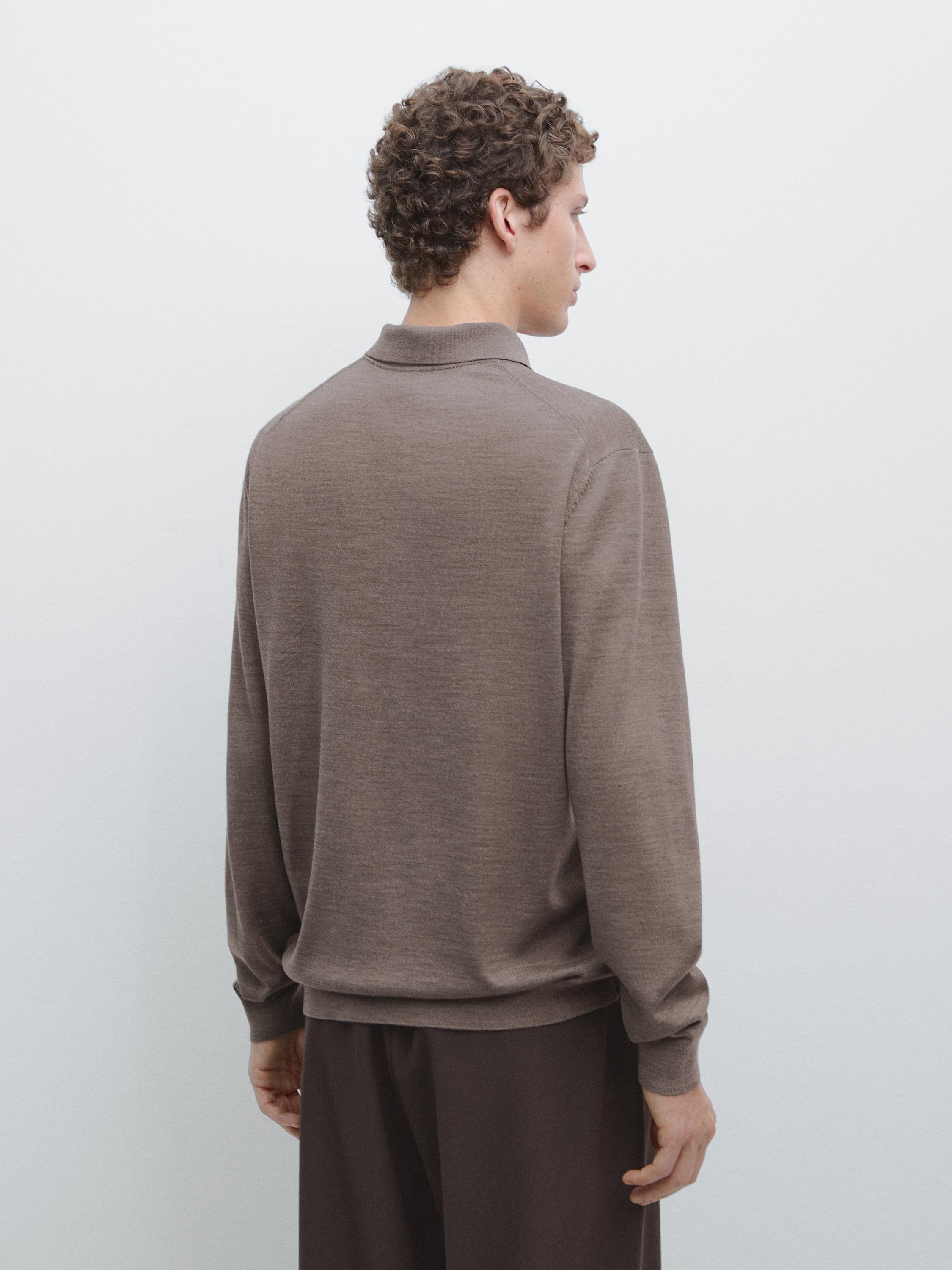 100% wool knit sweater with polo collar — MOLE BROWN