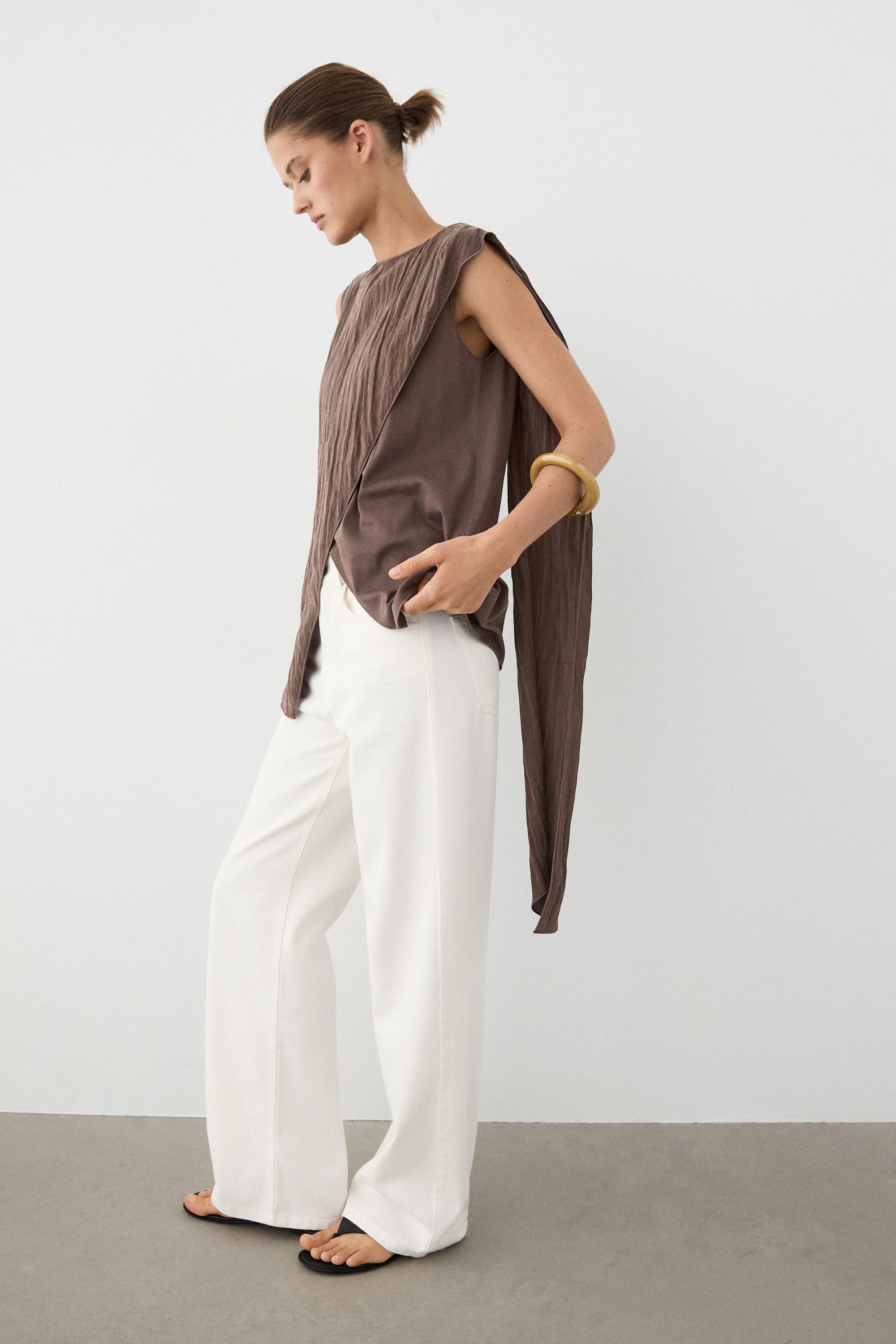 Crossover top with shoulder scarf detail — BROWN