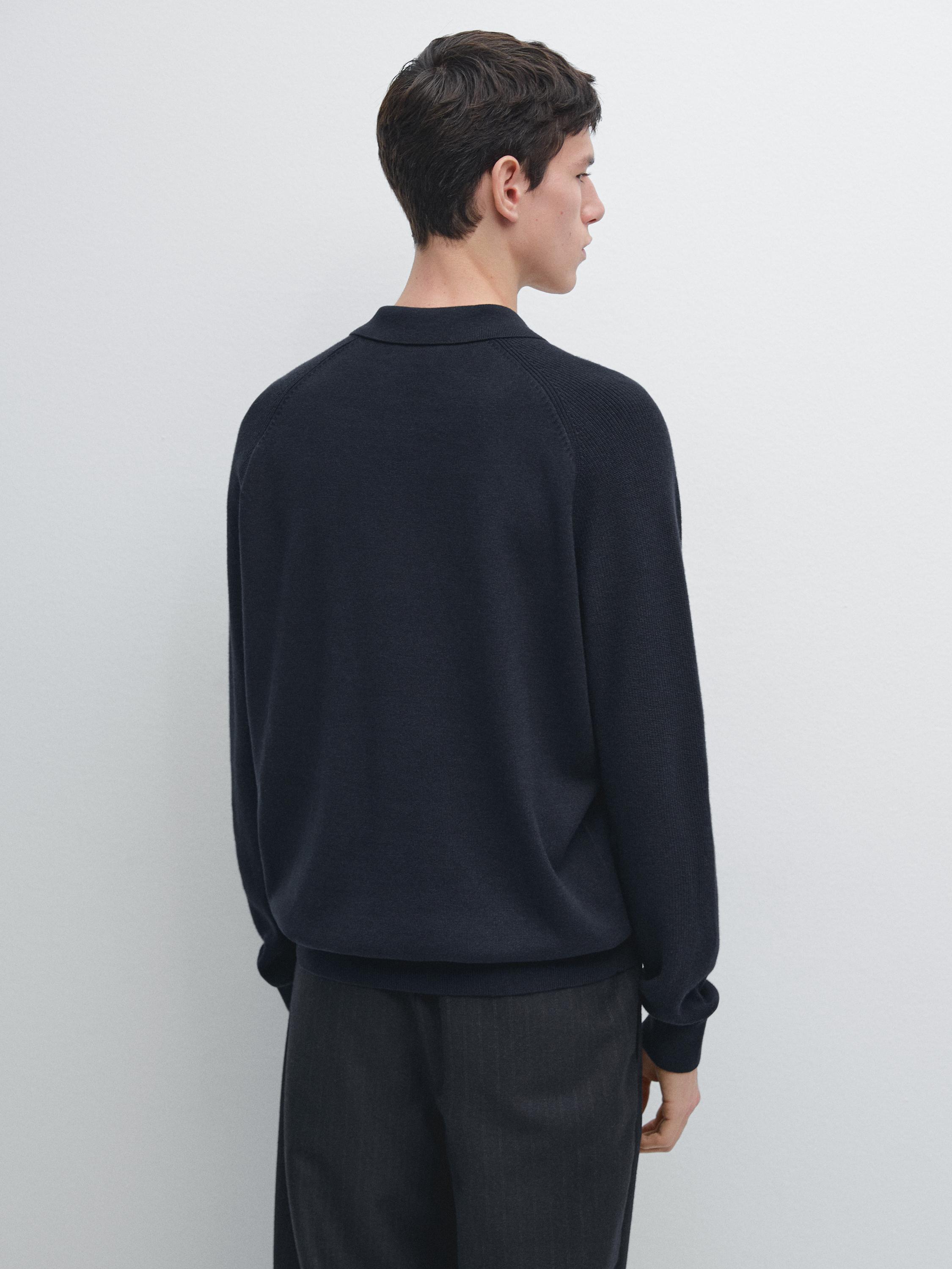 Cotton blend knit polo sweater — NAVY BLUE
