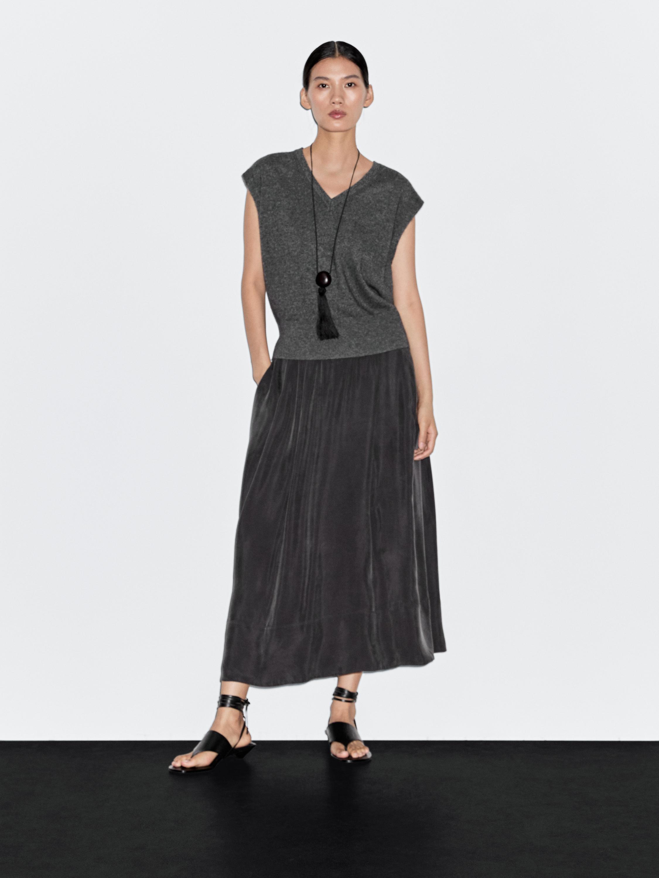 Cotton blend knit flared midi skirt