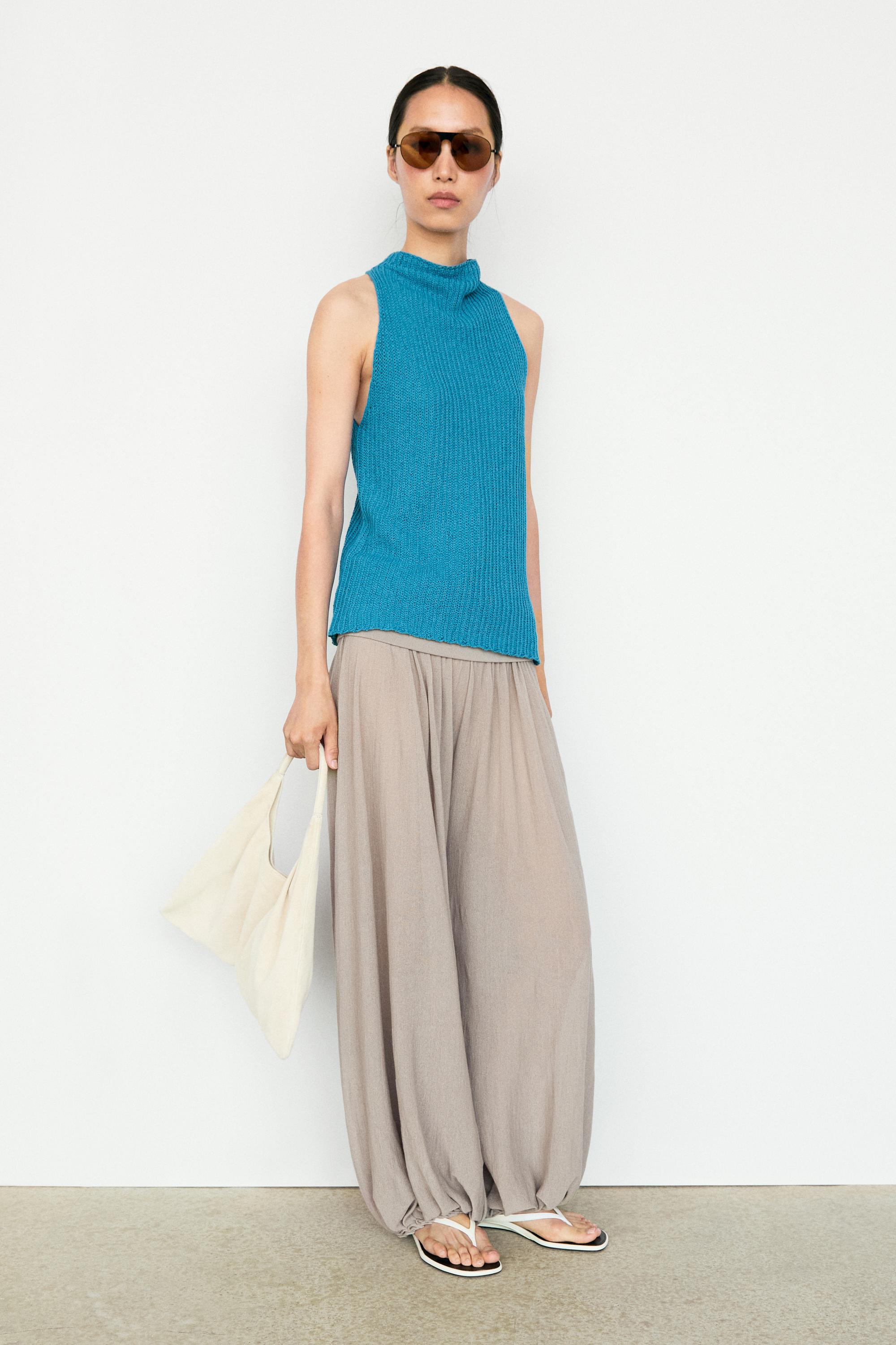 Linen blend knit button-detail top — TURQUOISE