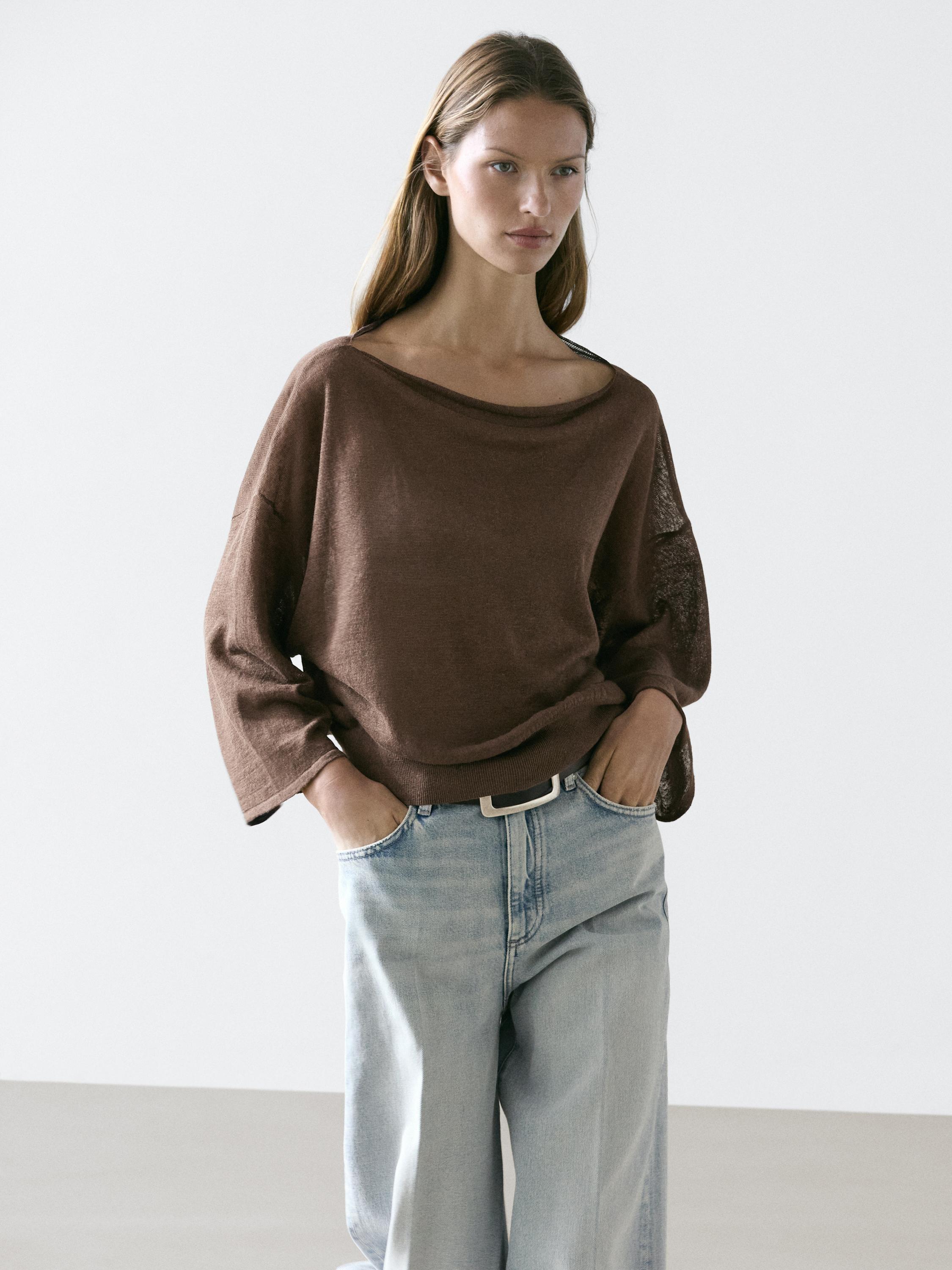 Linen knit boat neck T-shirt — BROWN
