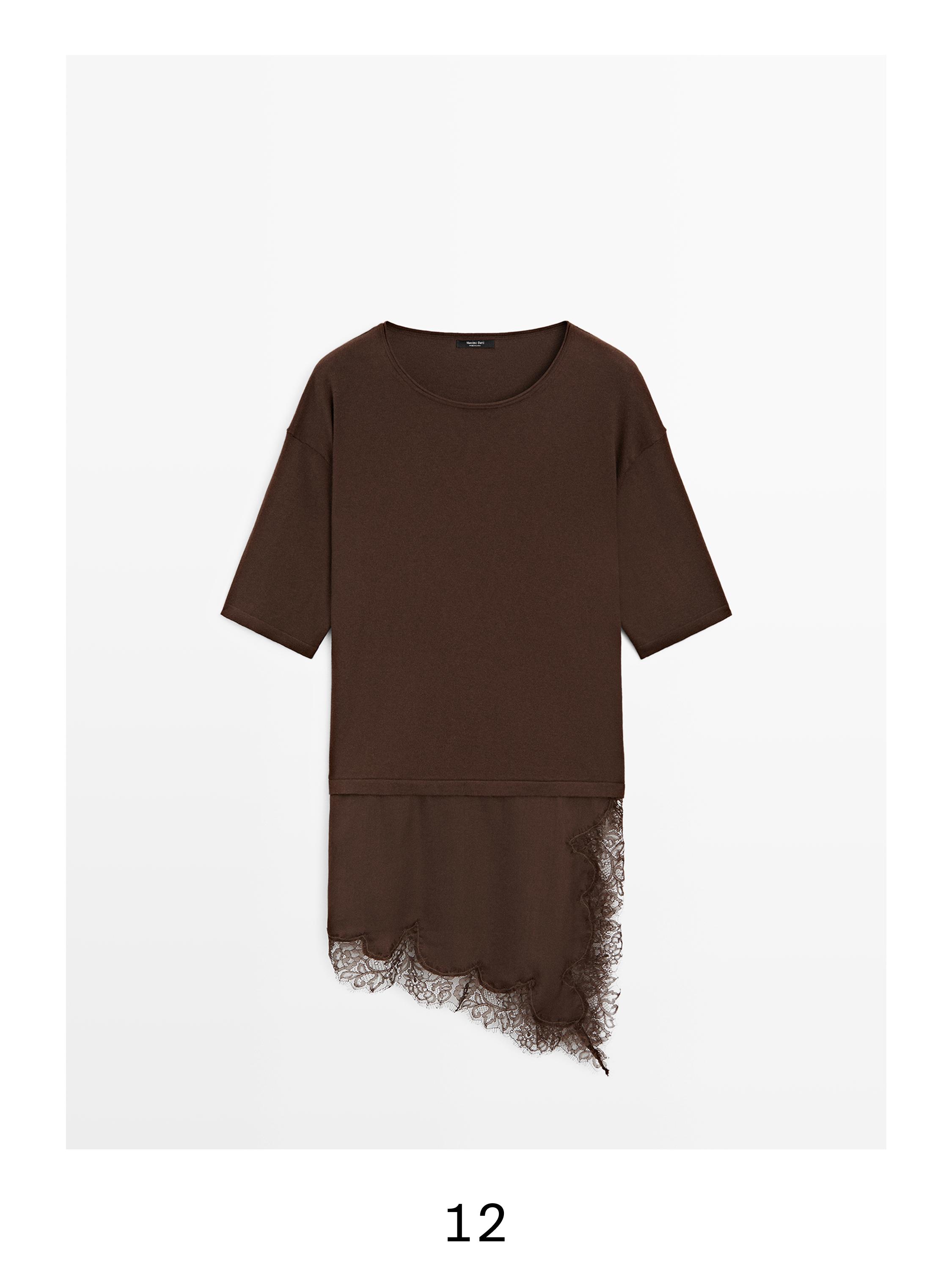 Sweater with contrast lace detail — BROWN