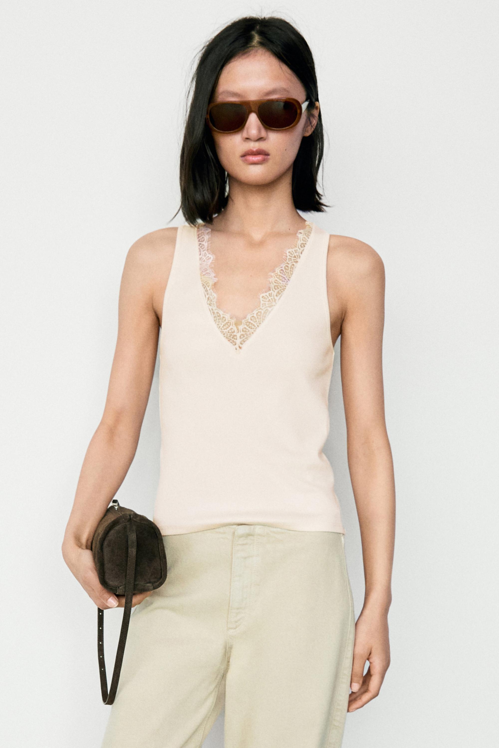 V-neck lace trim camisole top — CREAM