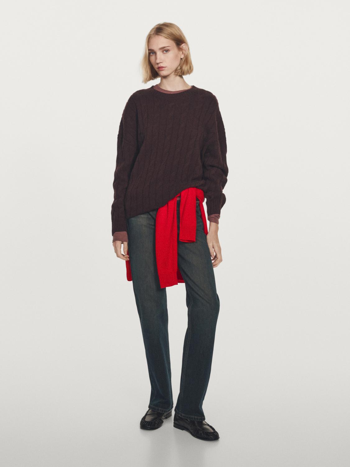 Dzianinowy Sweter Ze 100% Kaszmiru Z Warkoczowym Splotem - Bordowy - M - Massimo Dutti - Kobieta