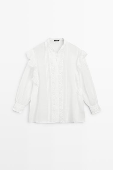 Stand collar blouse with embroidery and ruffles — WHITE 2