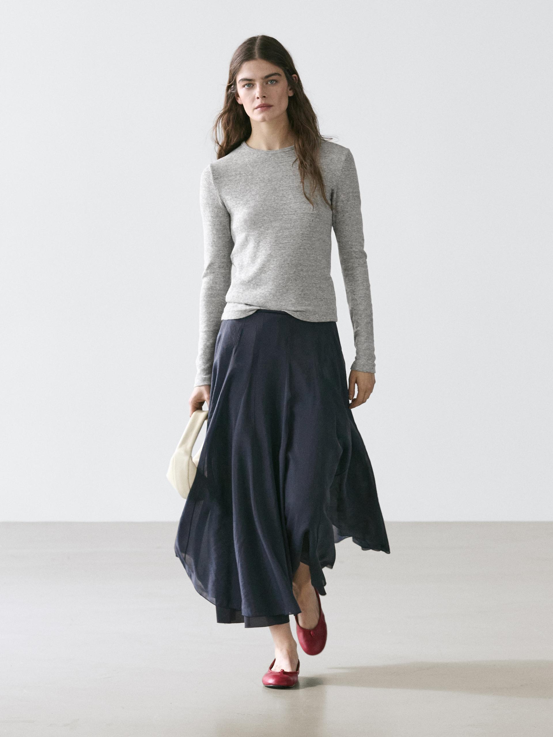 Maglietta A Maniche Lunghe Con Dettaglio Jaspé - Grigio Vigoré - Xs - Massimo Dutti - Femminile
