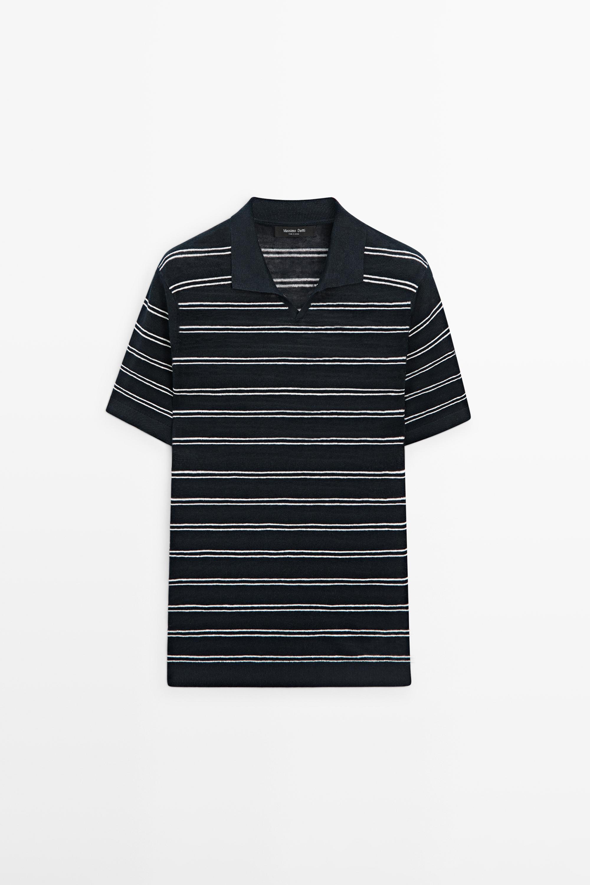 Striped 100% linen V-neck polo shirt — NAVY BLUE
