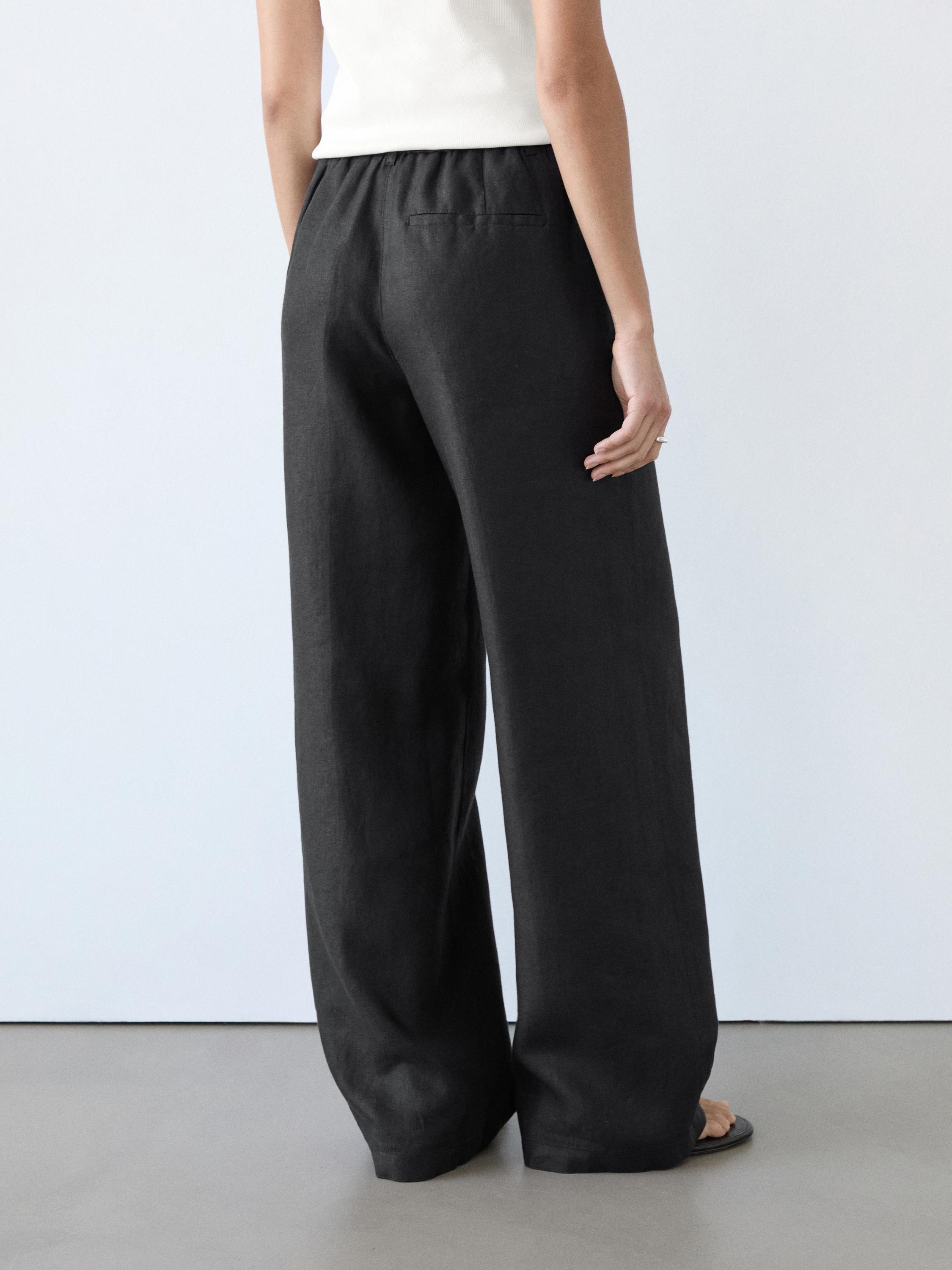 100% linen wide-leg elasticated trousers — BLACK