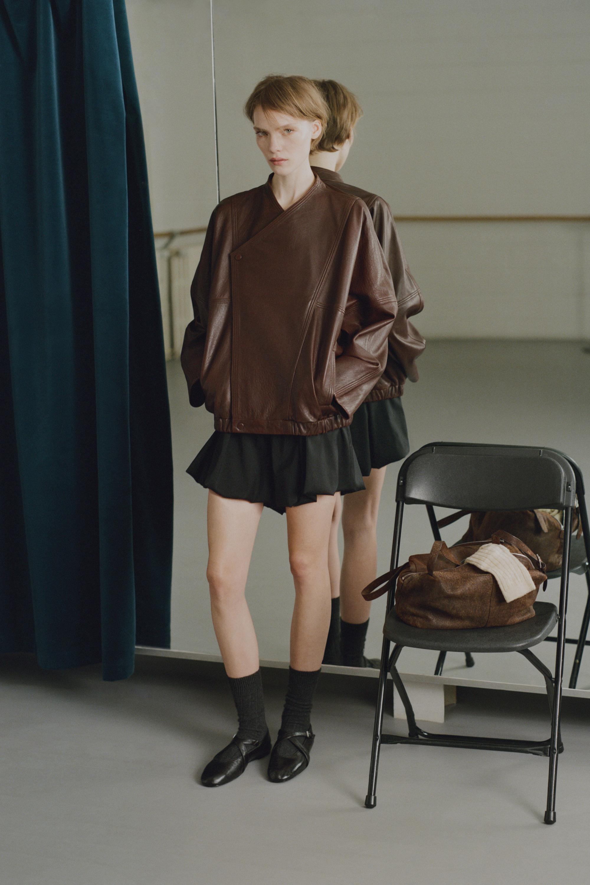 Asymmetric nappa leather bomber jacket — BROWN