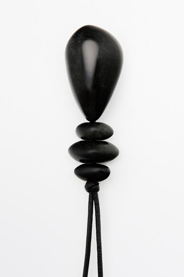 Long leather cord stone necklace — BLACK 3