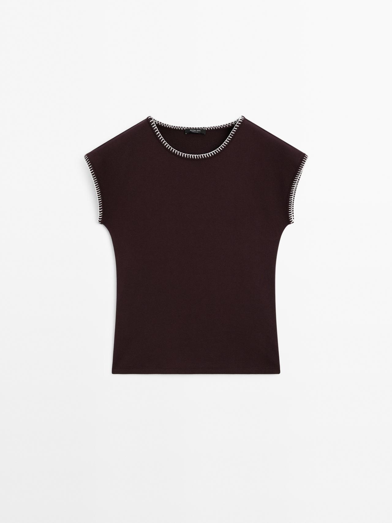 Massimo Dutti - Dame - T-Shirt Med Kontrasterende Detalje - Brun - Xl