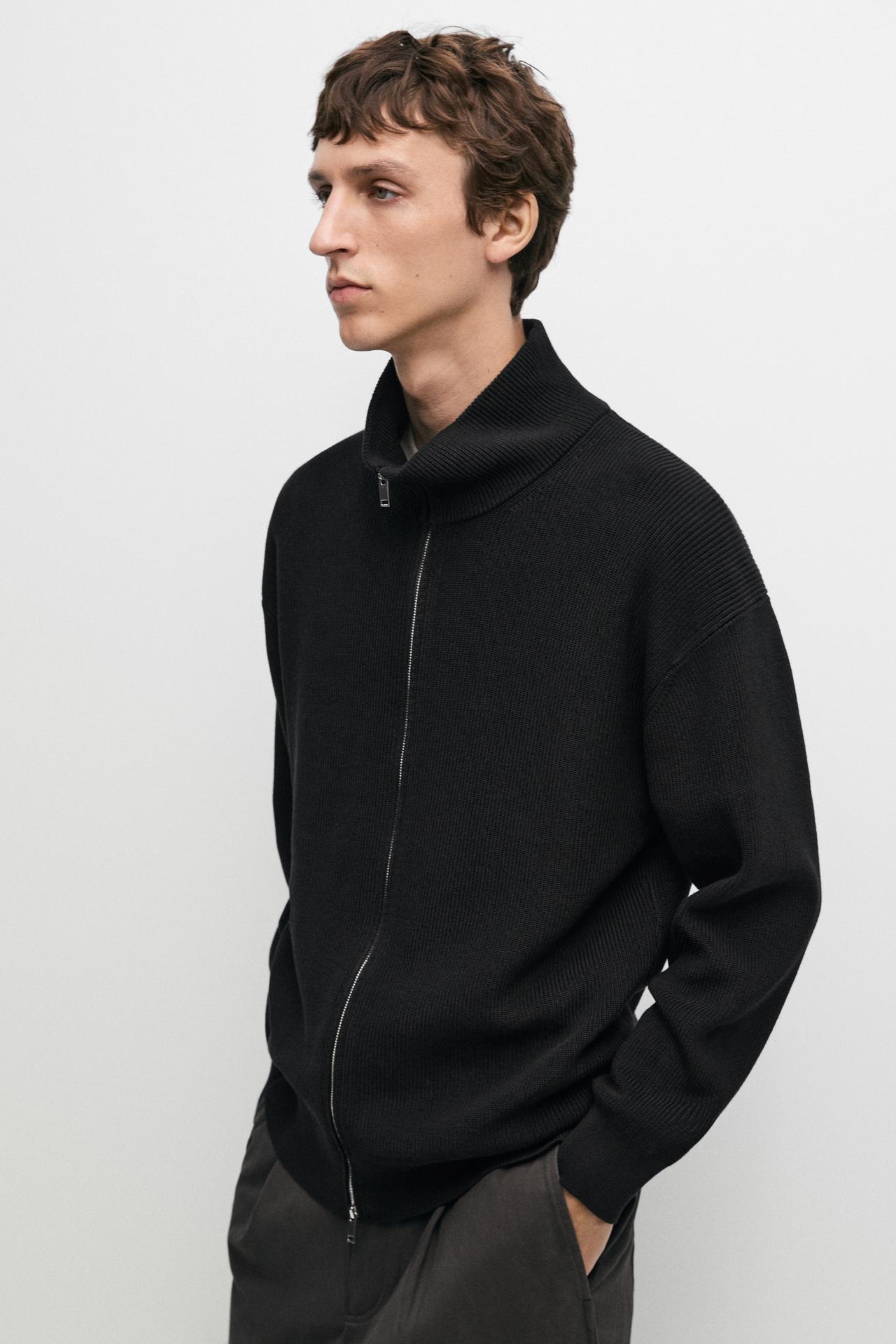 100% cotton ribbed knit cardigan — BLACK