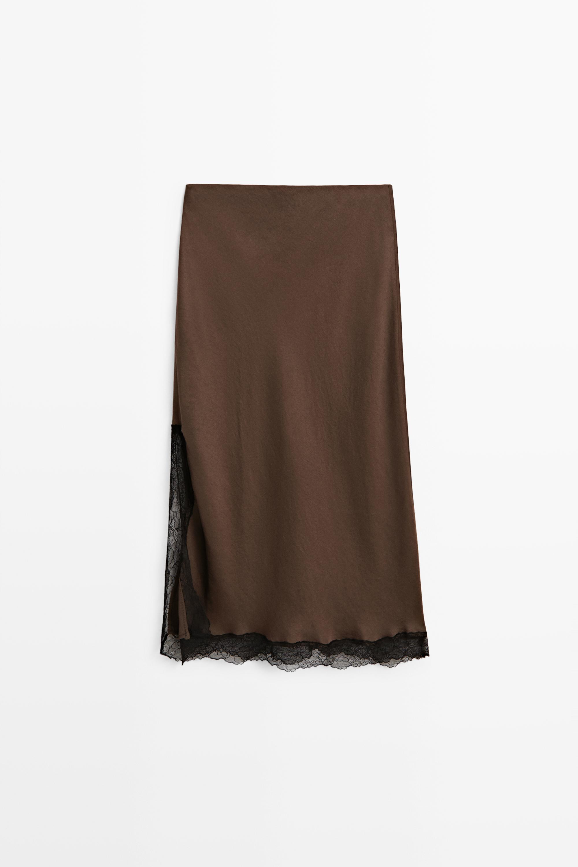 Lace-trimmed midi skirt — BROWN MARL