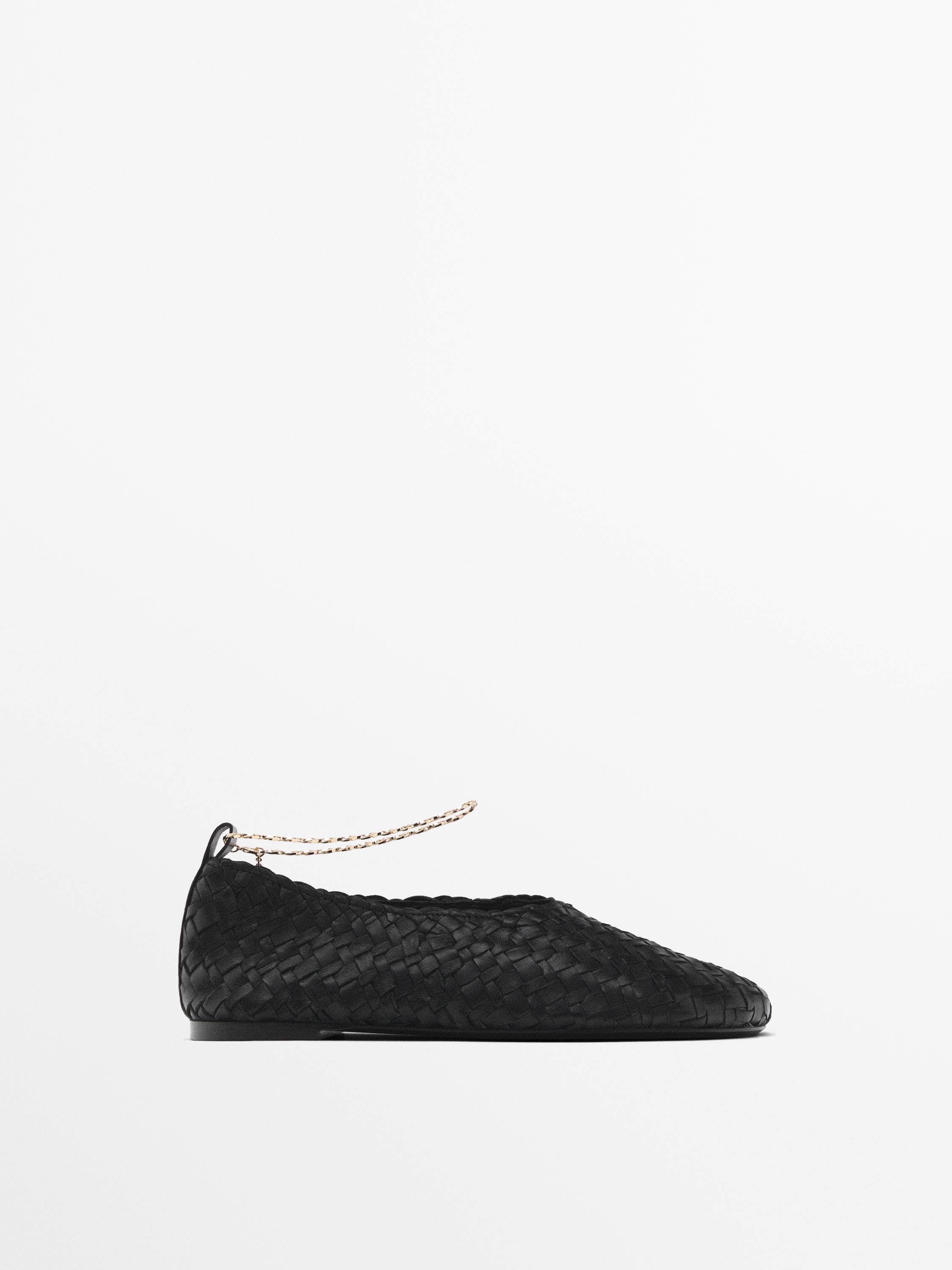 Braided ballet flats with ankle strap Black Flat Shoes Massimo Dutti