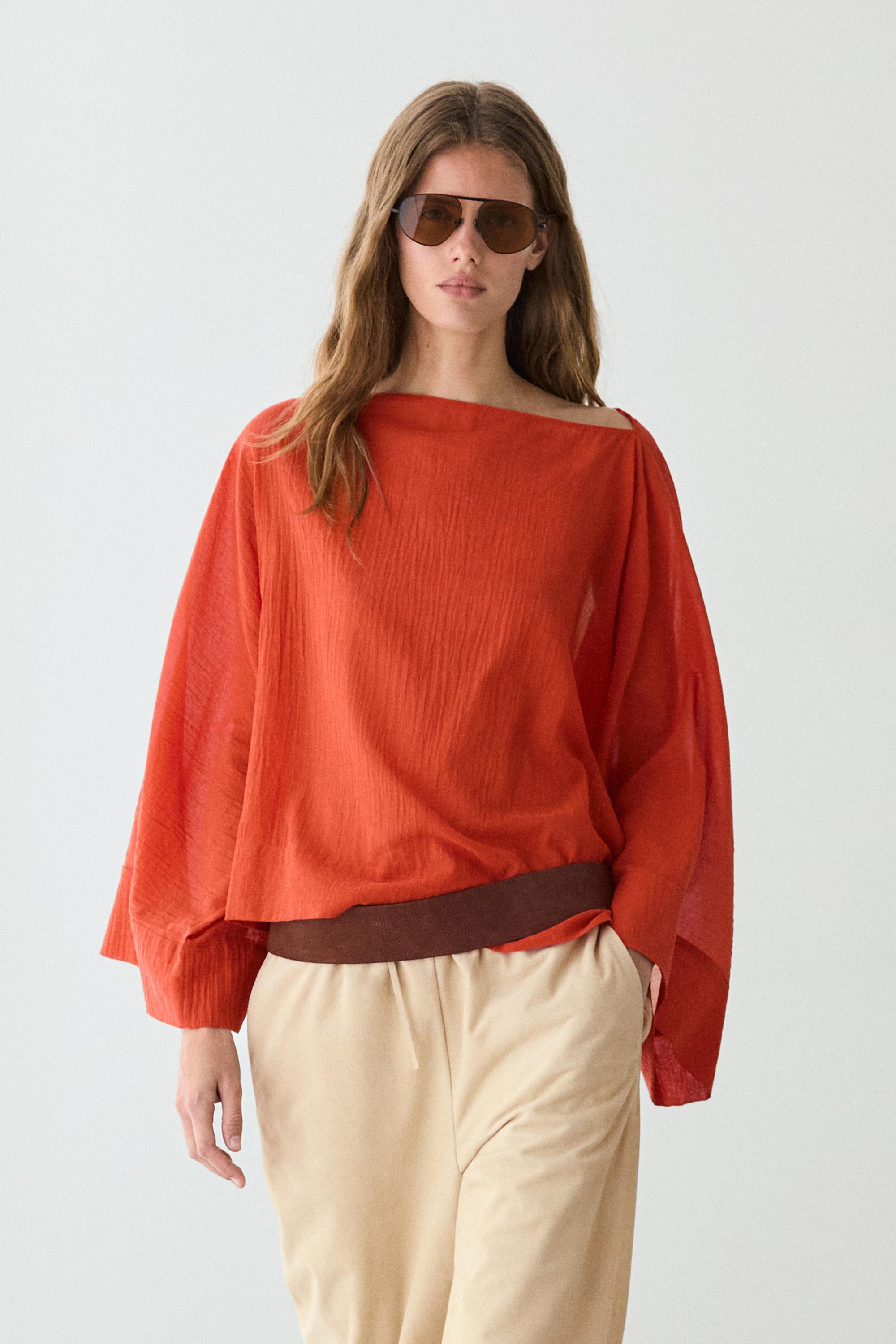 Flowing 100% cotton shirt with voluminous sleeves — BURNT ORANGE