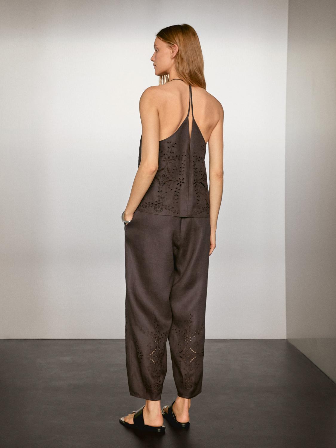 Linen blend embroidered balloon fit trousers