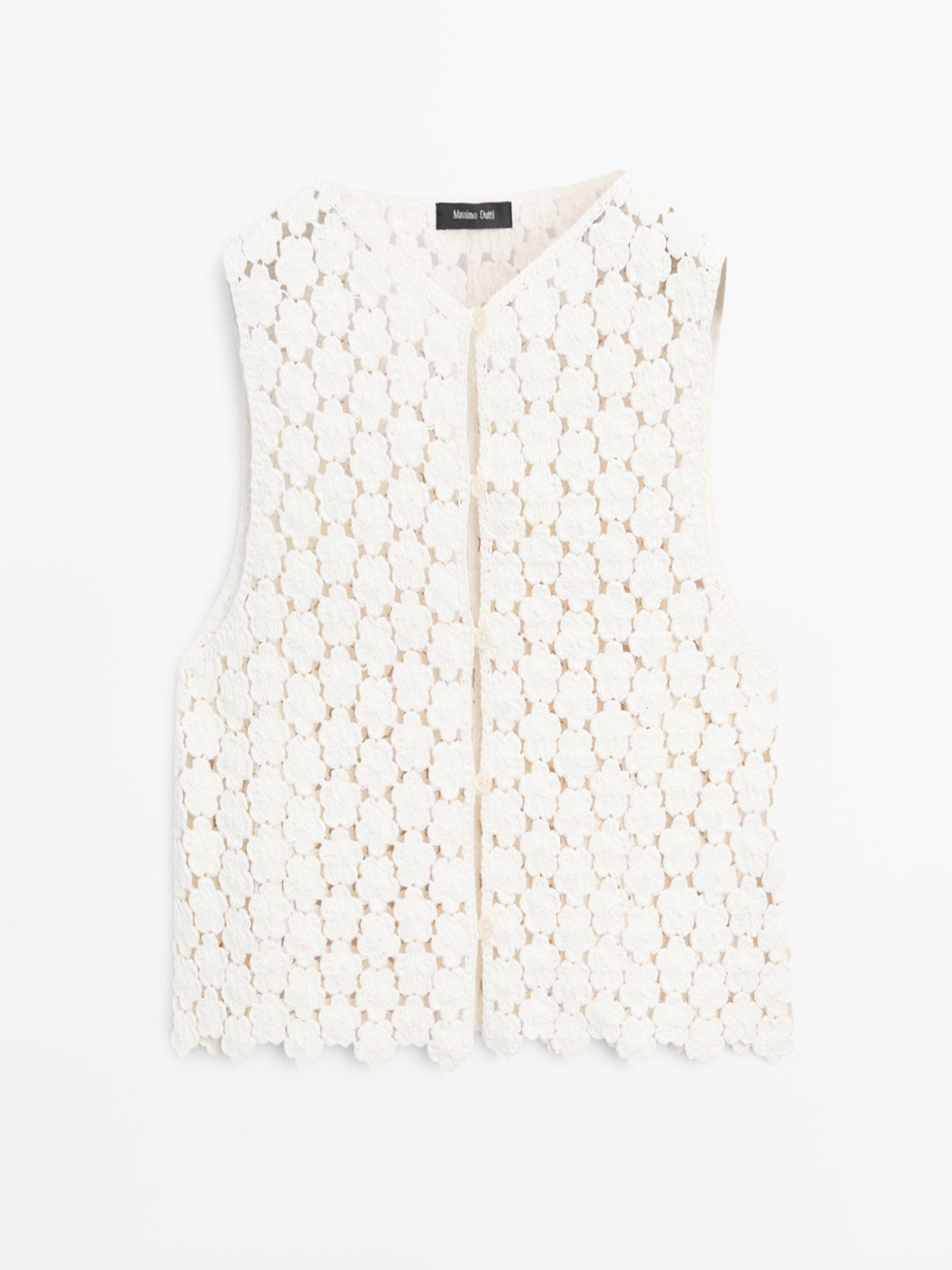Cotton crochet vest with floral details — CREAM