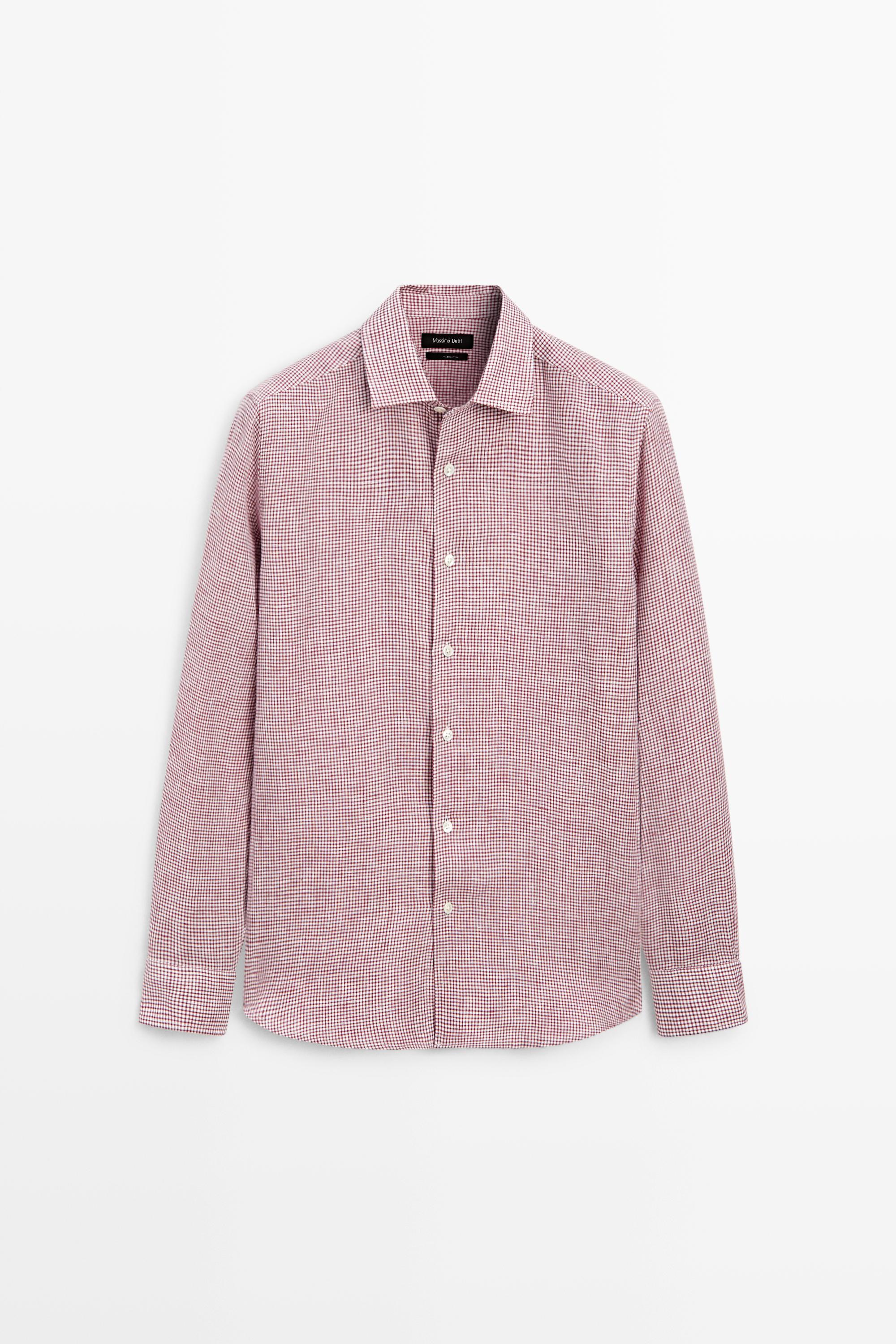 100% linen regular fit micro-checked shirt — BRIGHT RED