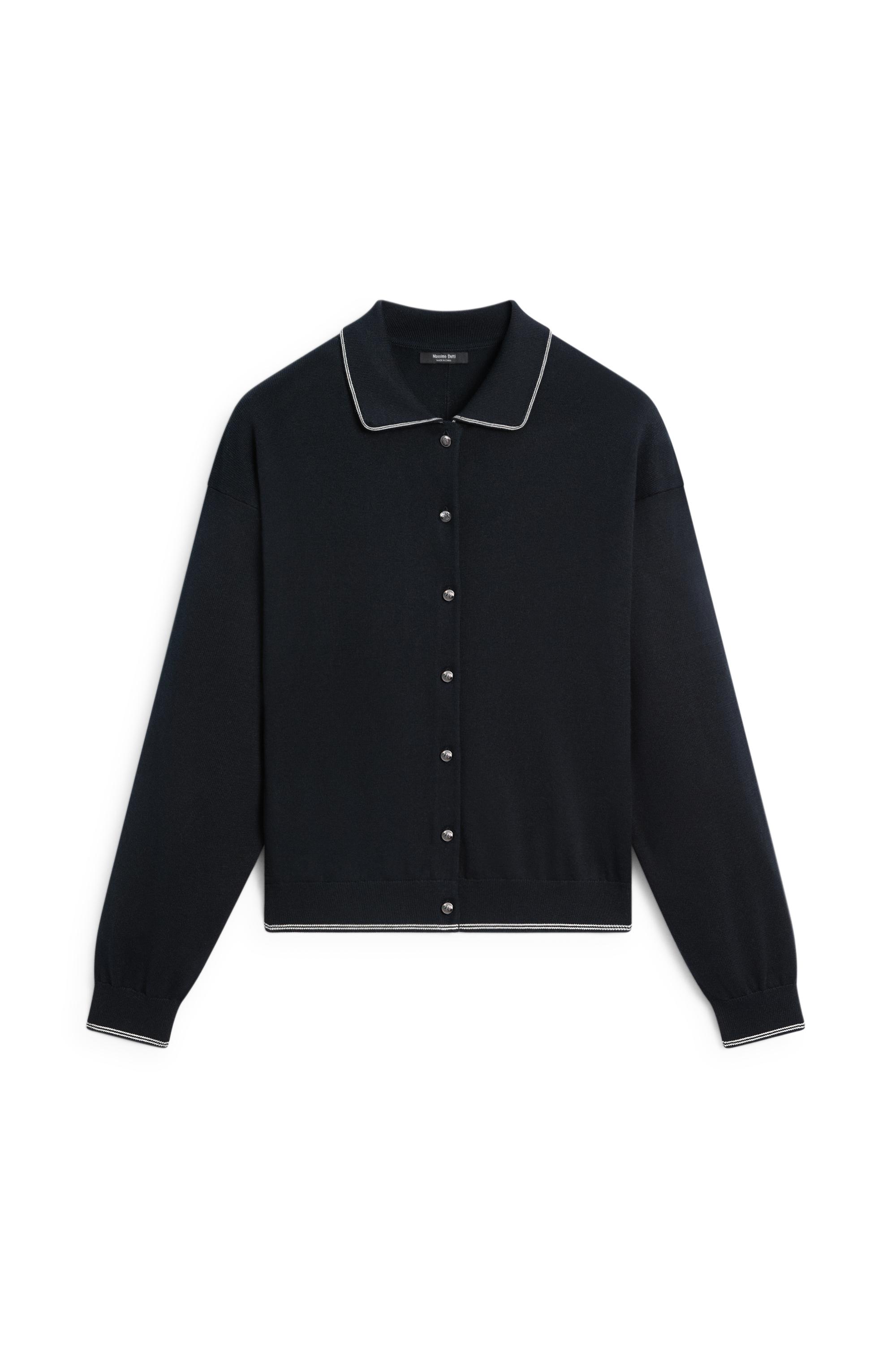 100% cotton contrast polo collar cardigan — NAVY BLUE
