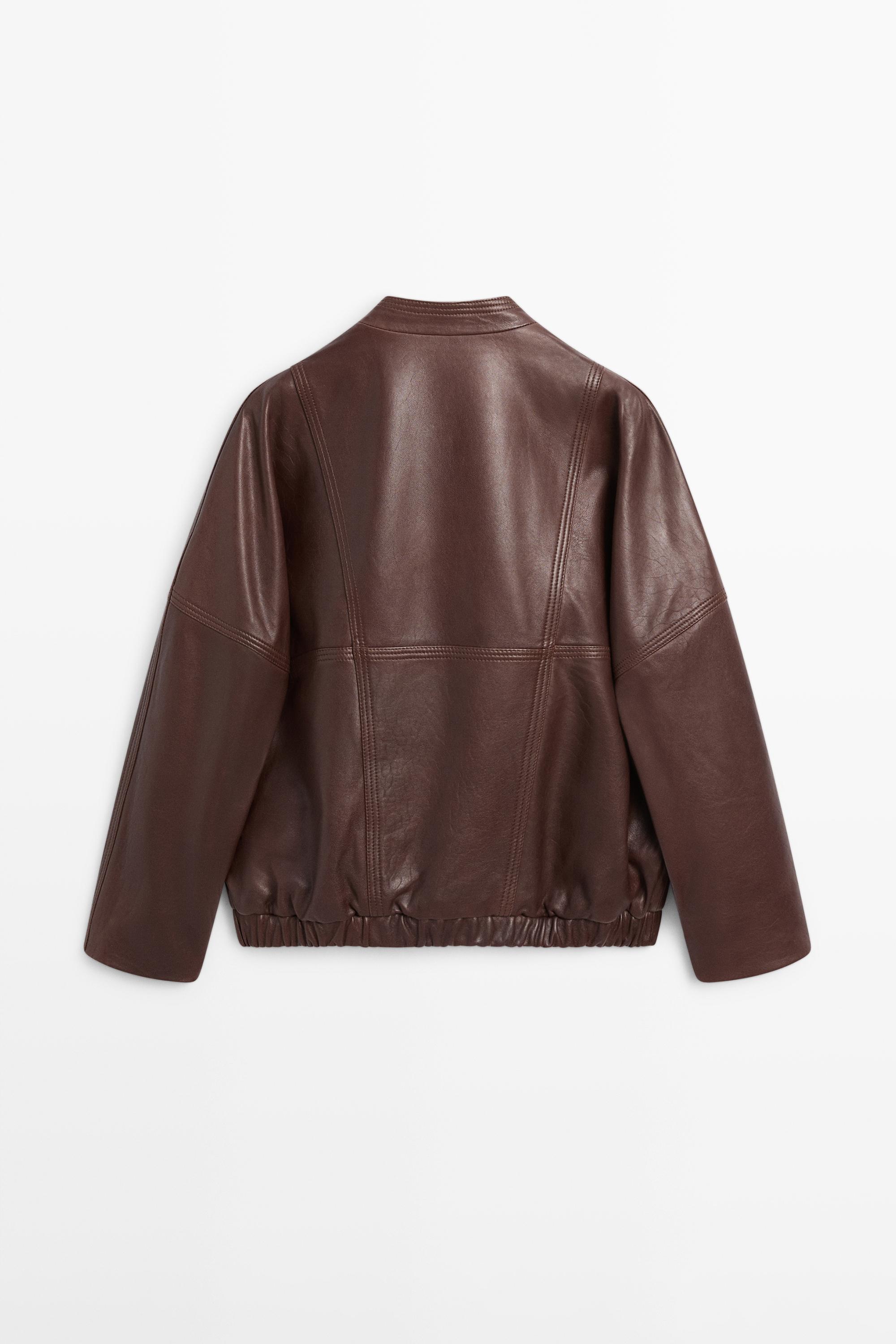 Asymmetric nappa leather bomber jacket — BROWN