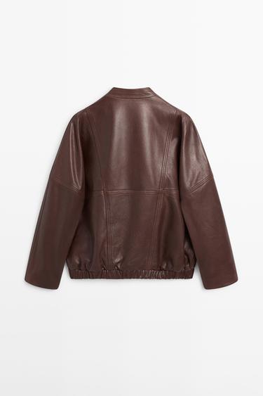 Asymmetric nappa leather bomber jacket — BROWN 6
