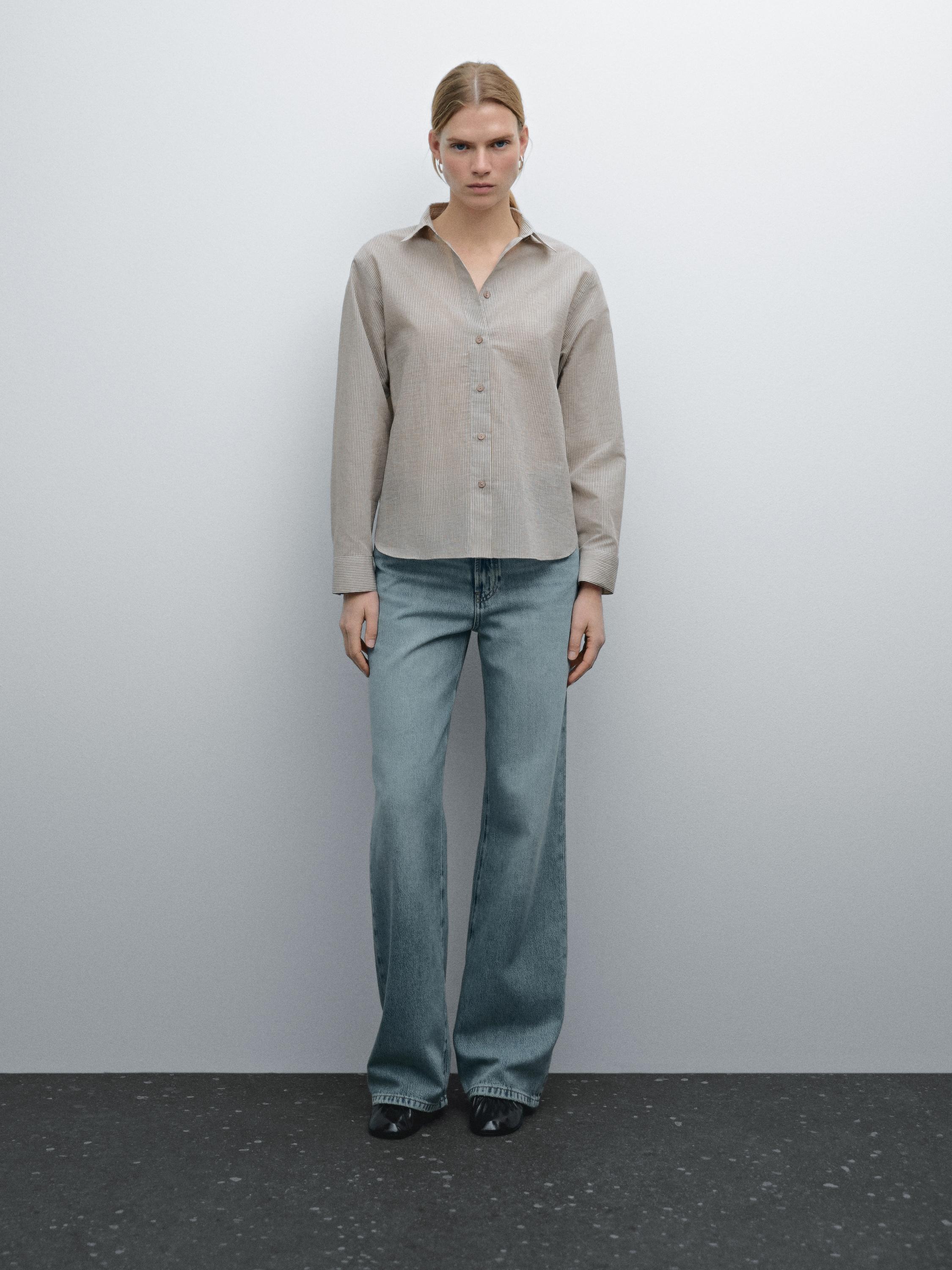 Camisa às riscas em mistura de algodão