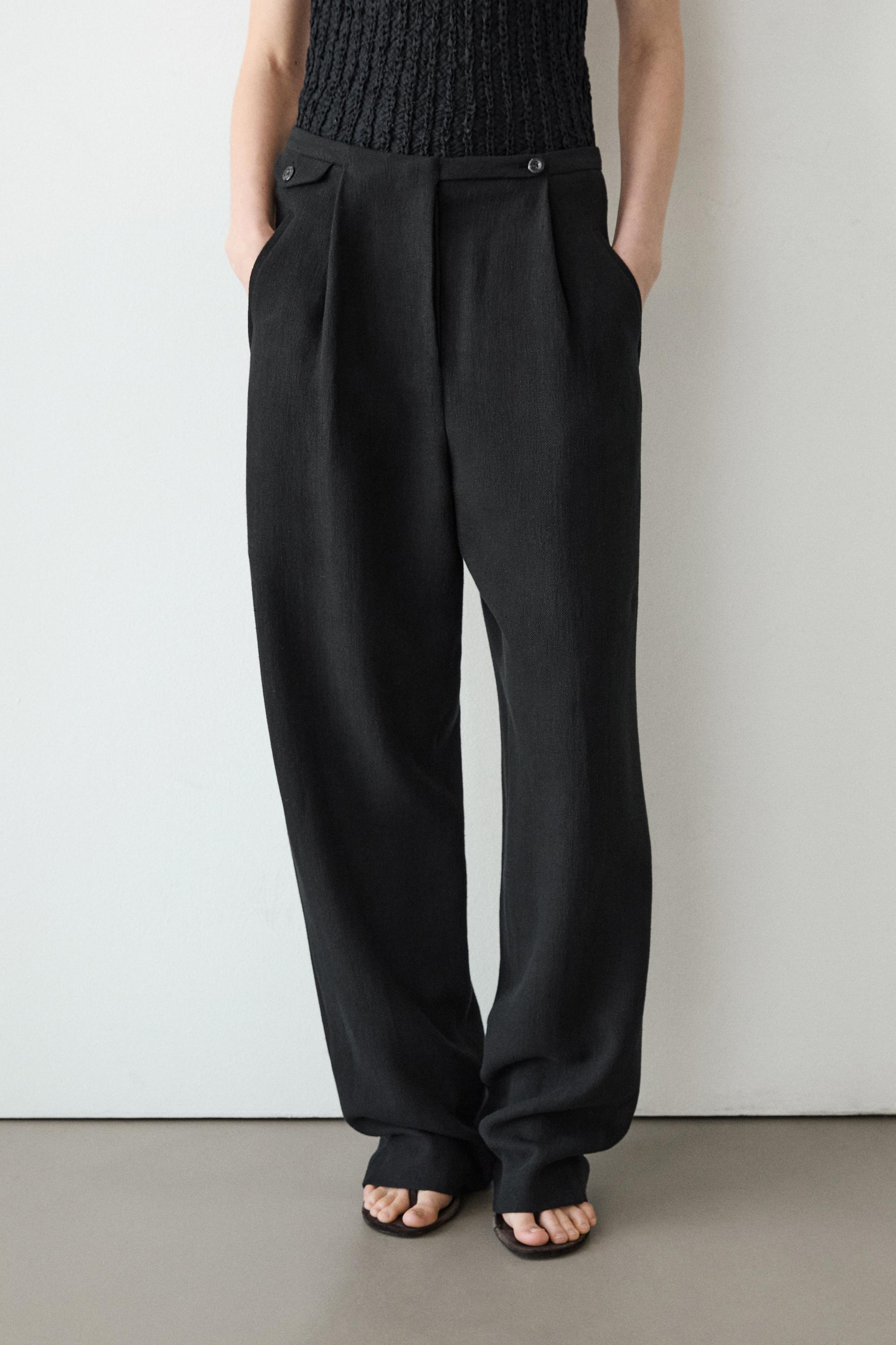 Flowing linen blend trousers with pocket details — BLACK
