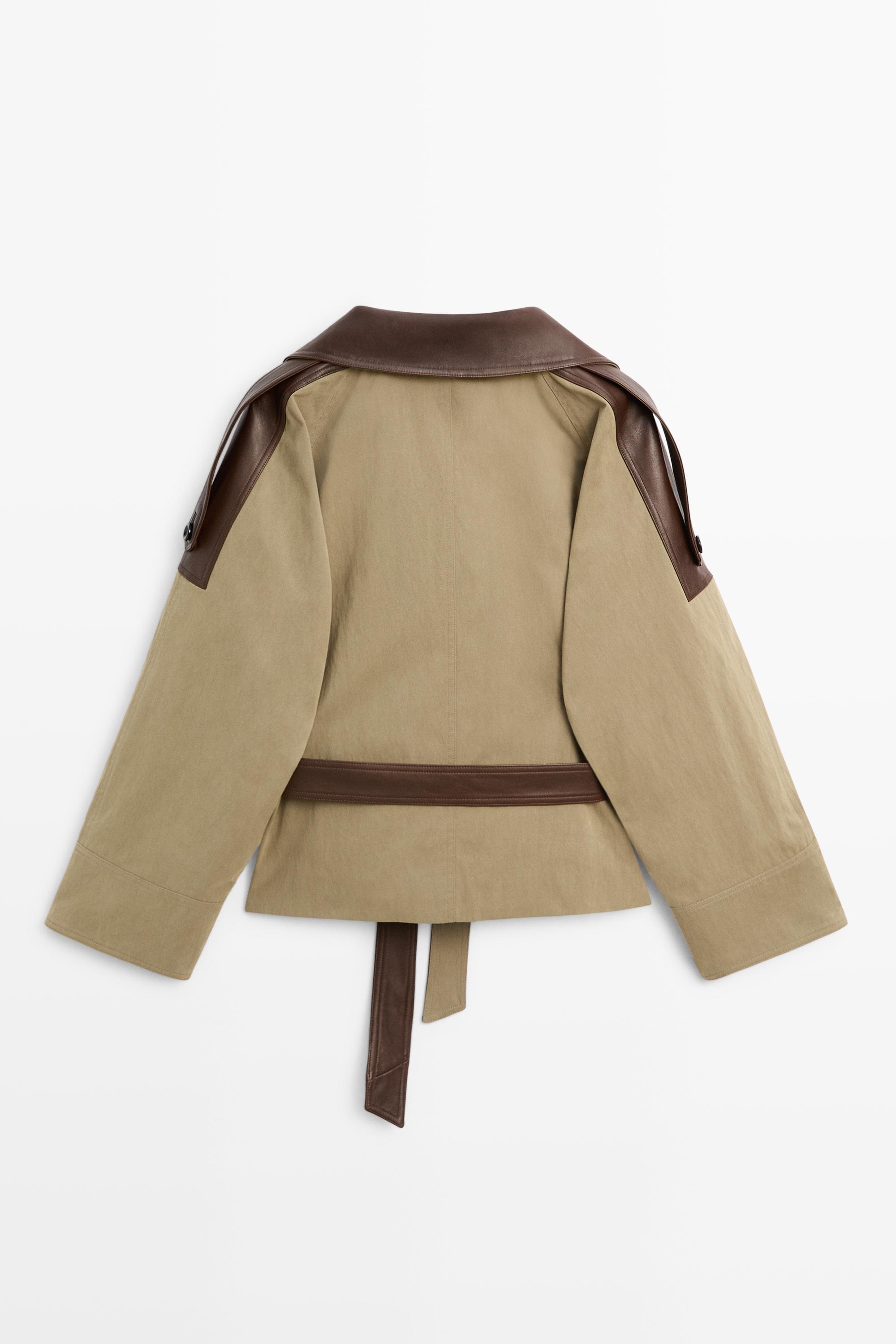 Cropped mixed leather jacket — Greyish green