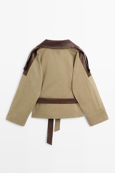 Cropped mixed leather jacket — Greyish green 4