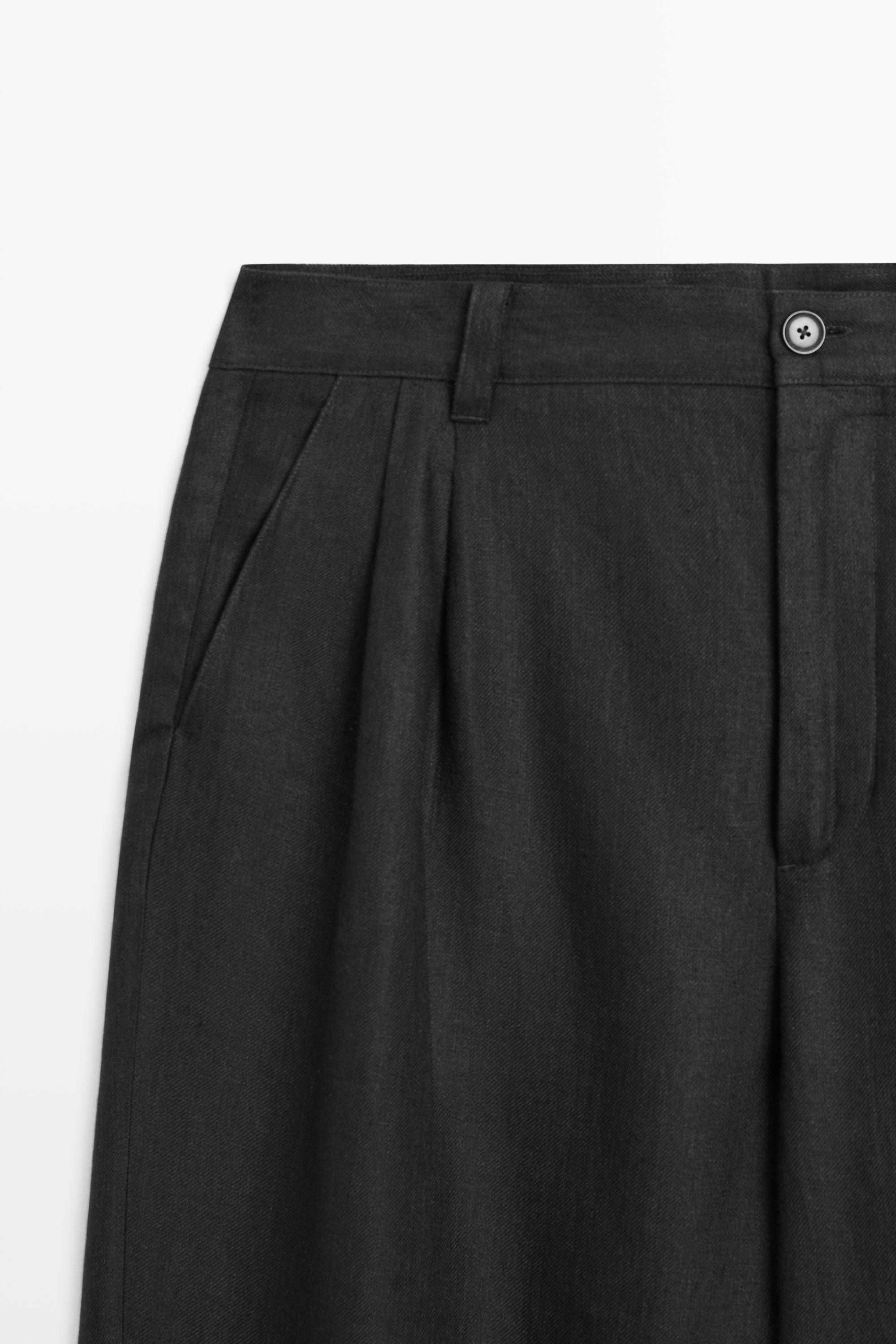 100% linen trousers with double darts — BLACK
