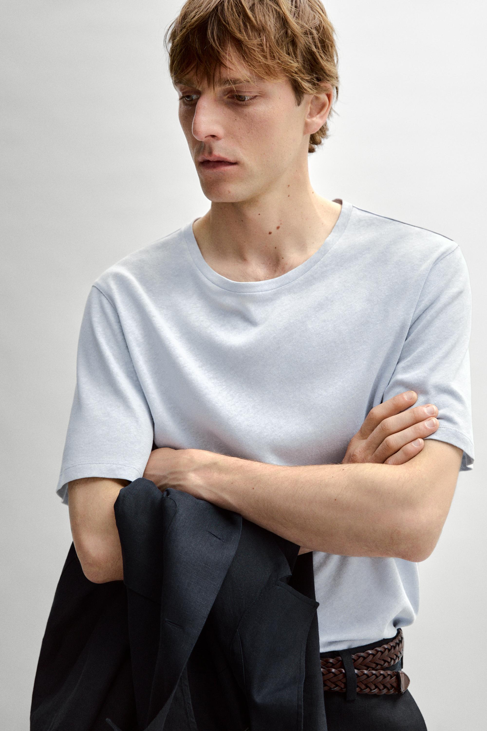 Short sleeve linen and cotton T-shirt — Light Blue