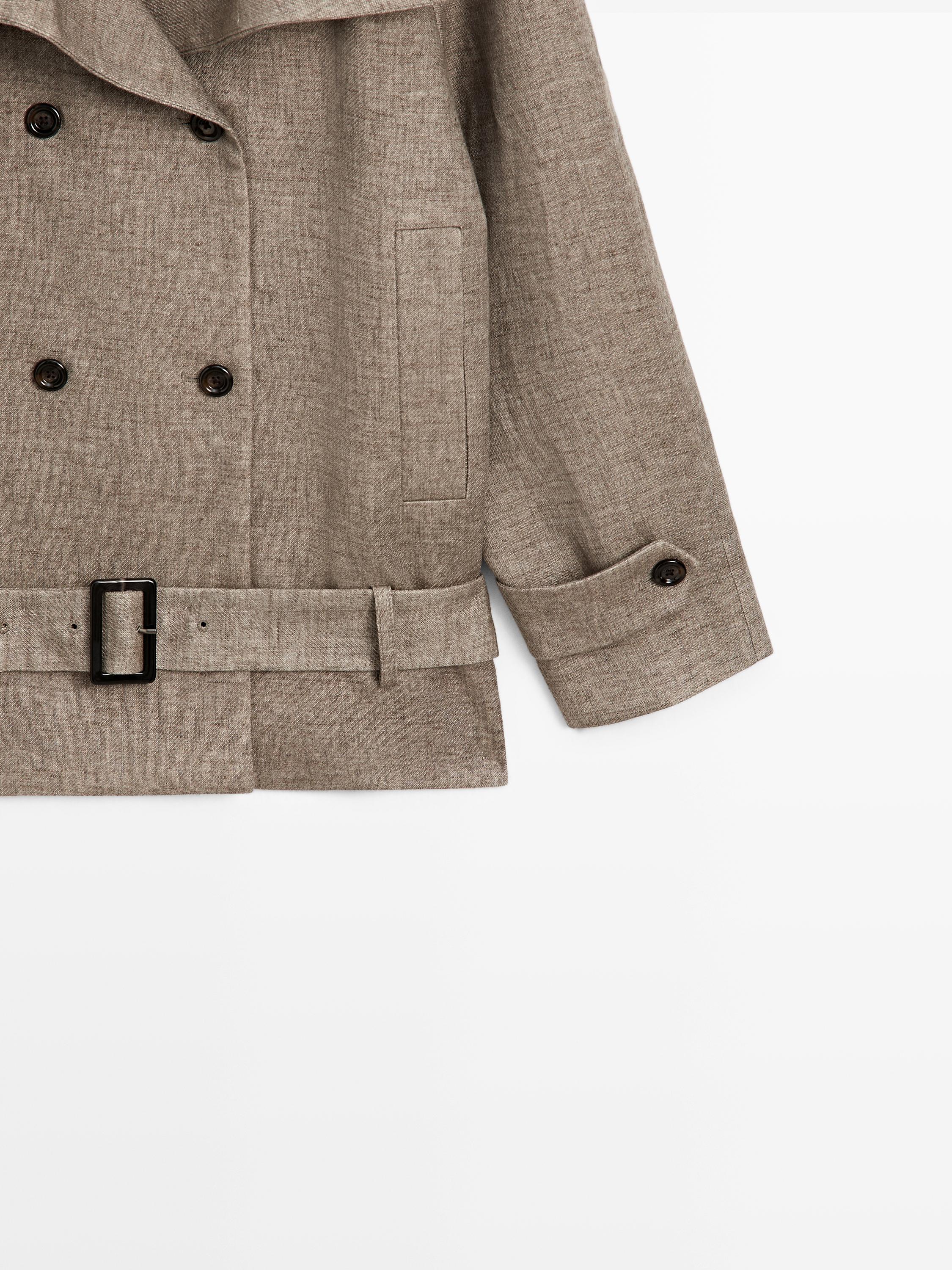 Linen melange high neck trench coat — TAUPE GREY