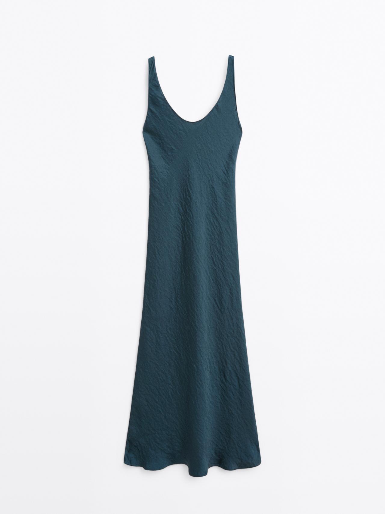 Massimo Dutti - Dame - Satinkjole Med Rund Hals - Grøn - Xs