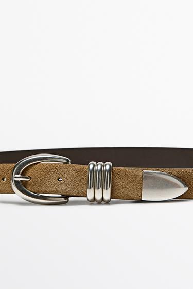 Split suede leather belt with metal detail — SAND 2