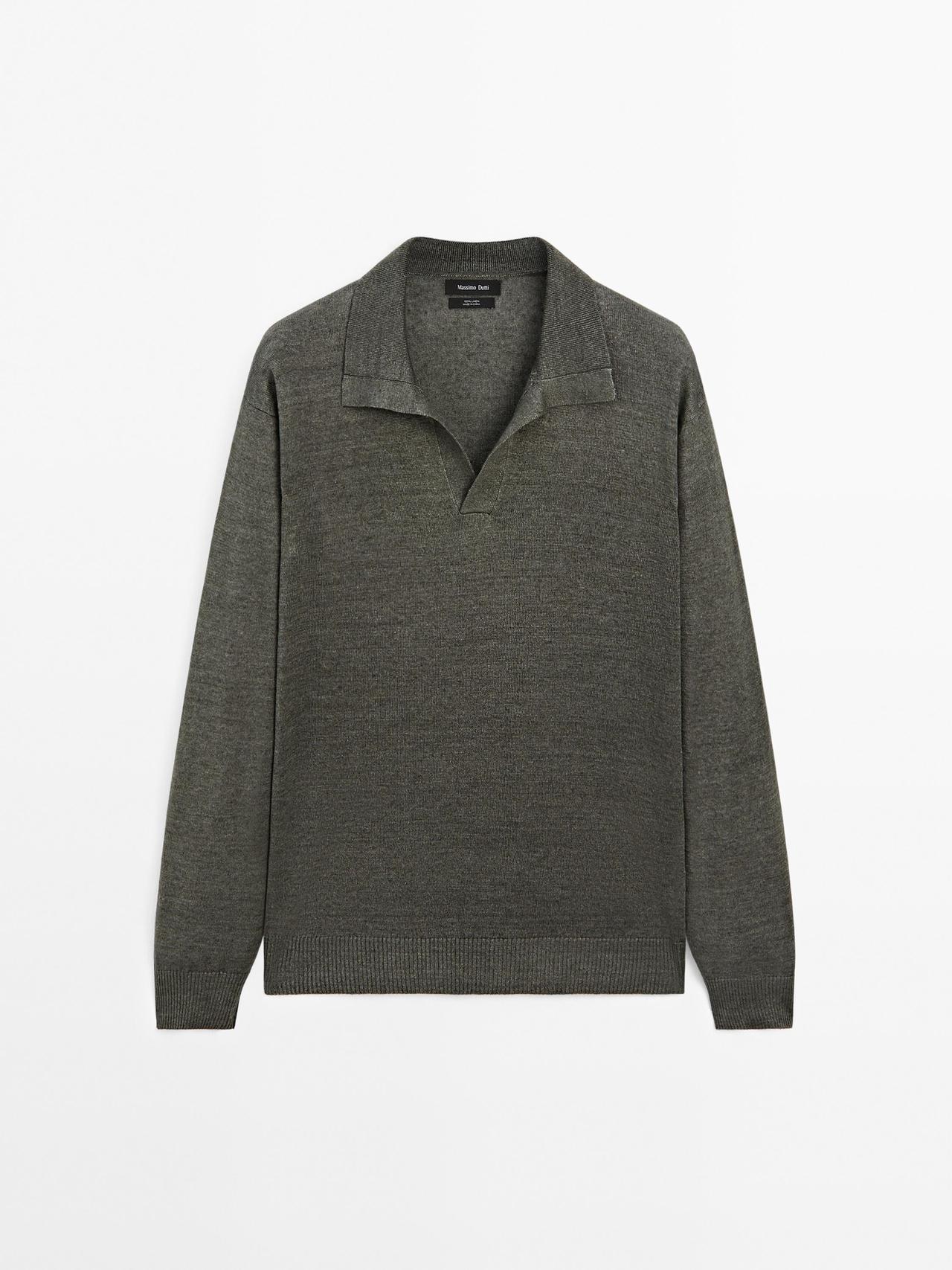 Massimo Dutti - Herre - Polotrøje I Strik Af 100 % Hør - Forvasket Grøn - Xl