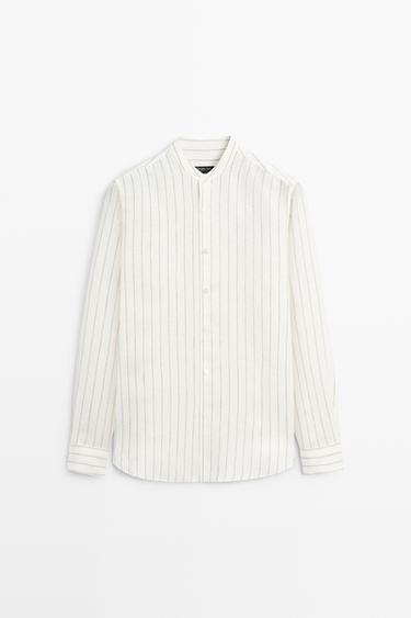 100% linen striped stand collar shirt — SAND 2