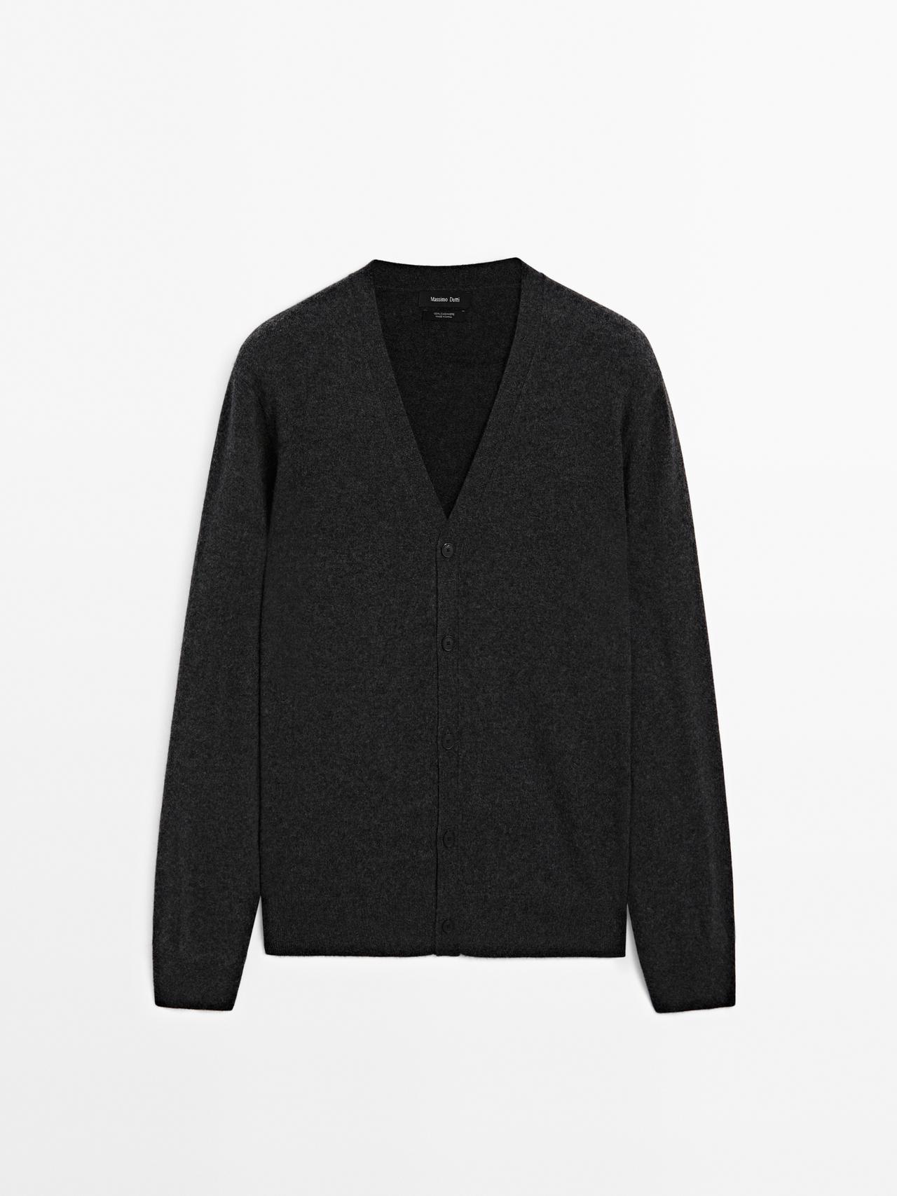 Massimo Dutti - Herre - Cardigan I 100 % Kashmir Med V-Udskæring - Kulgrå - L