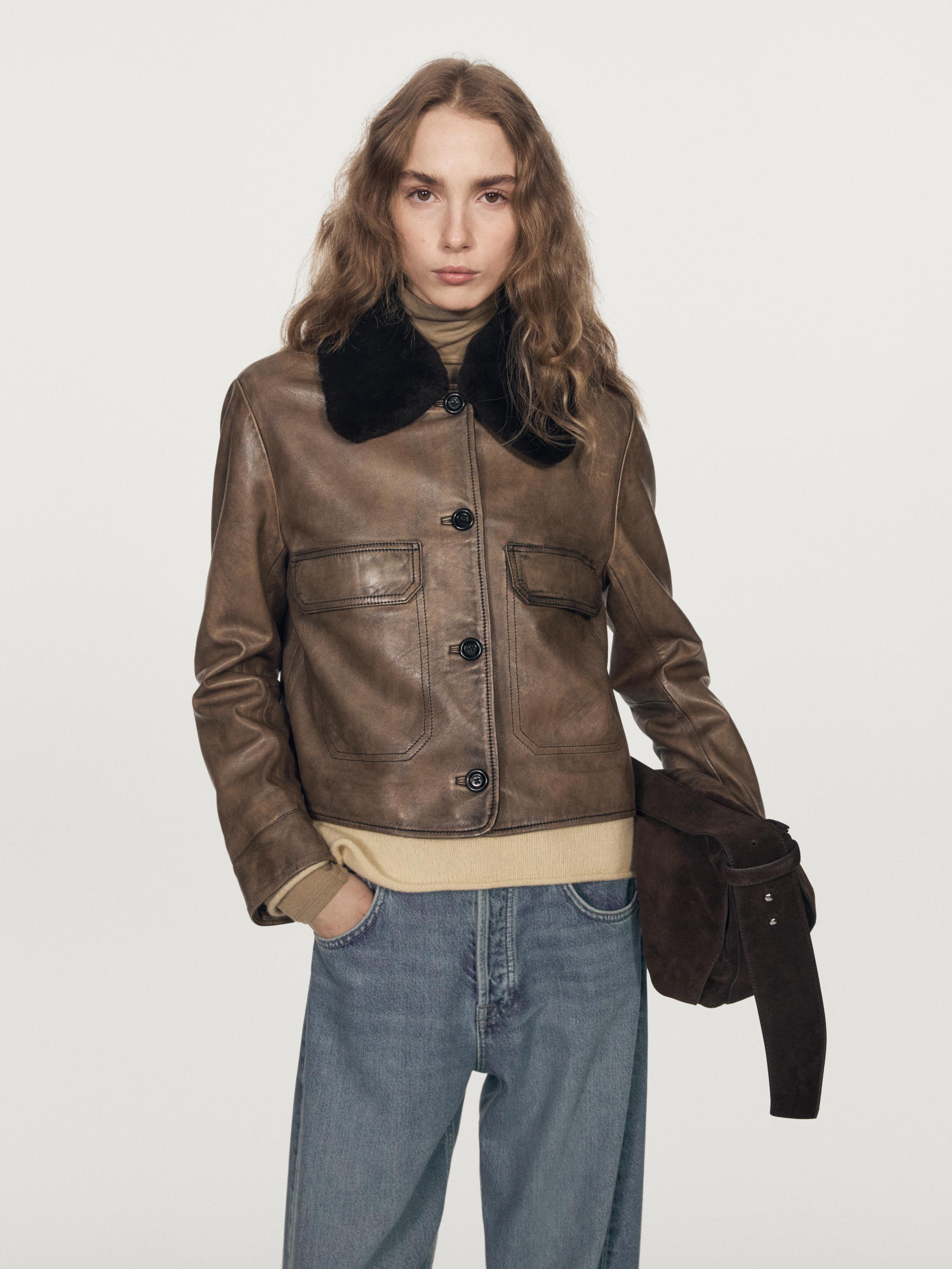 Nappa leather jacket with fur skin collar