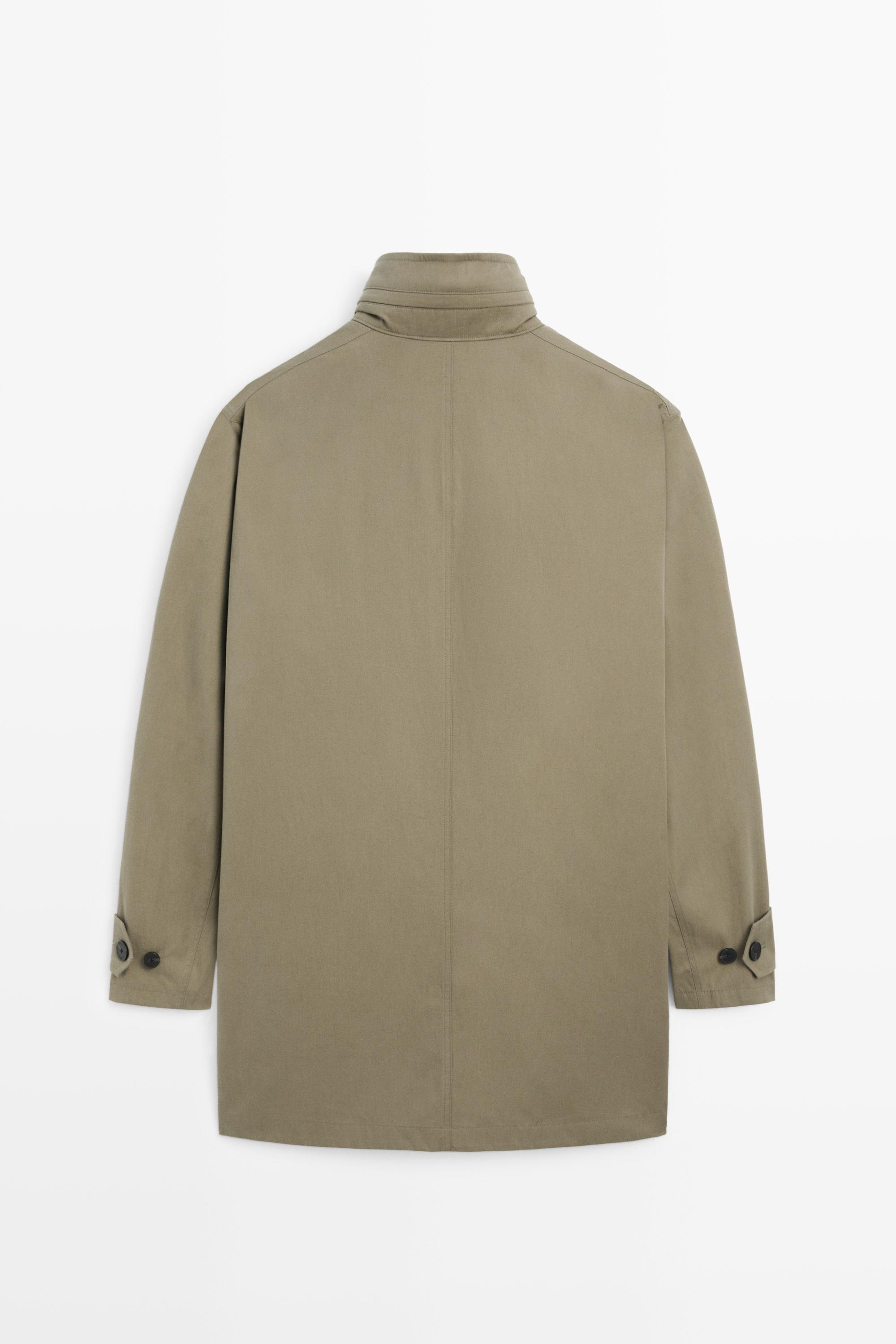 Long high neck 100% cotton parka — PALE KHAKI