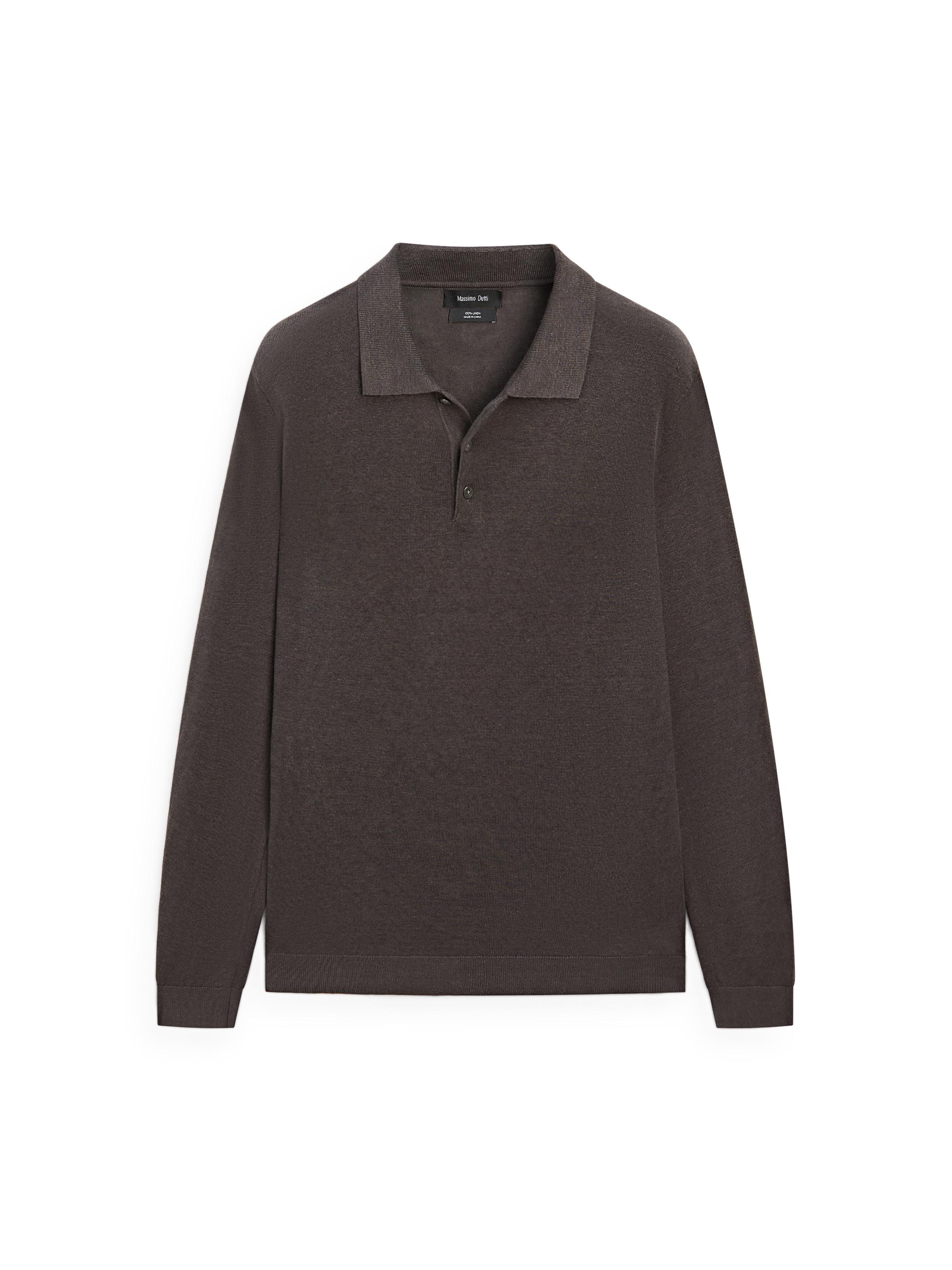 100% linen knit polo collar sweater — DARK BOTTLE GREEN