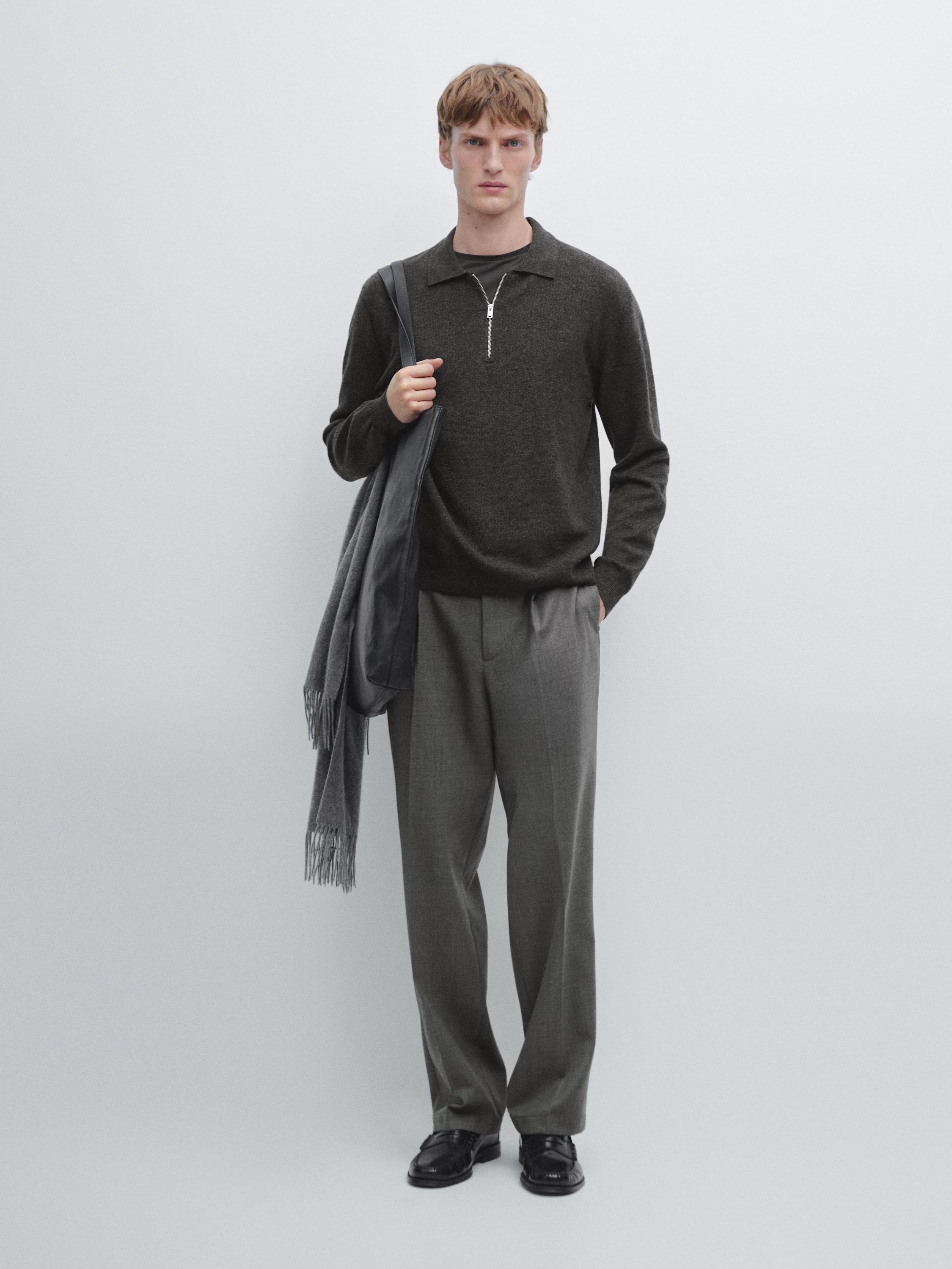 Knit wool blend polo sweater with zip