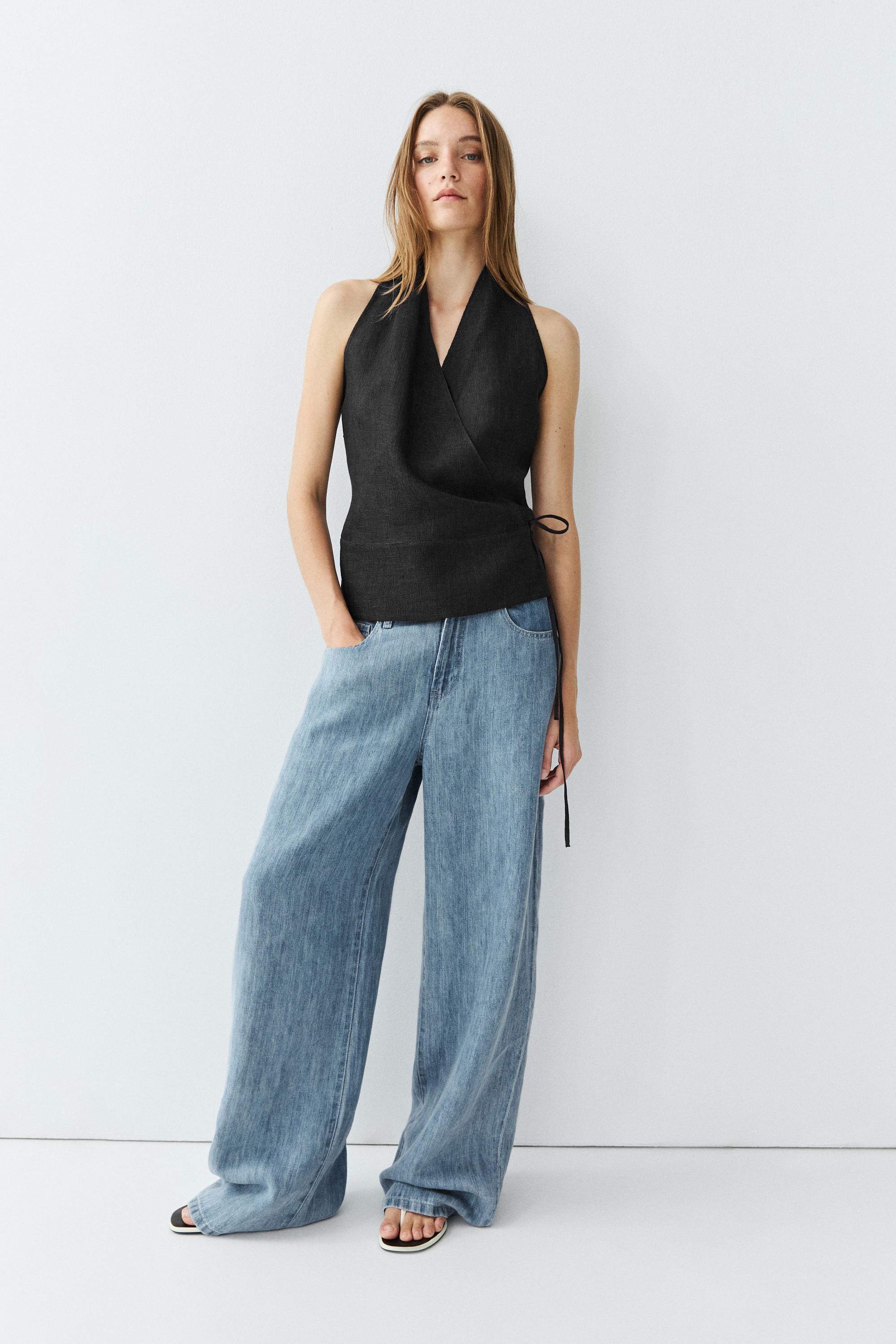 100% linen crossover halter top — PASTEL BLUE