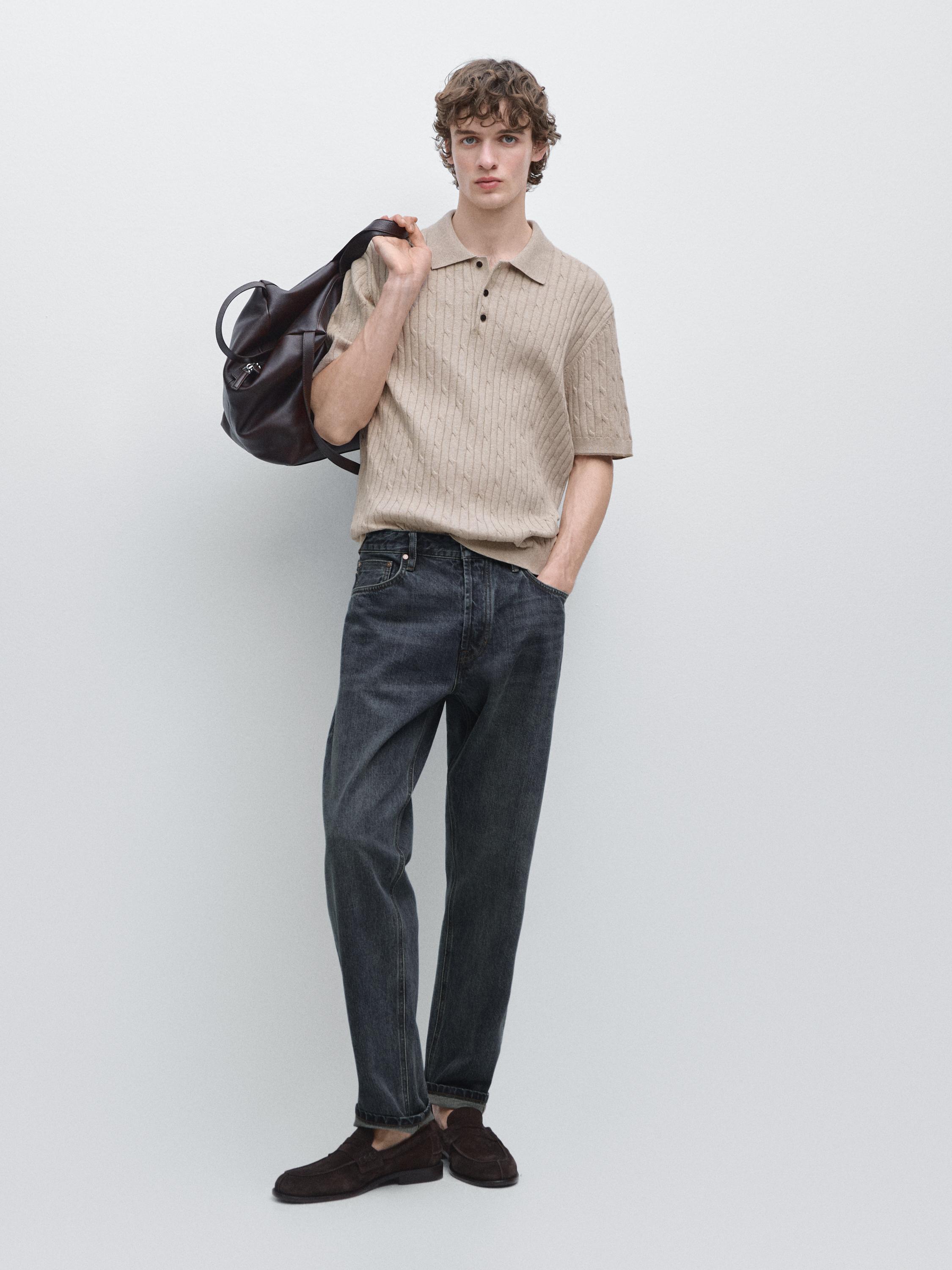 Cotton blend cable-knit polo sweater — BEIGE