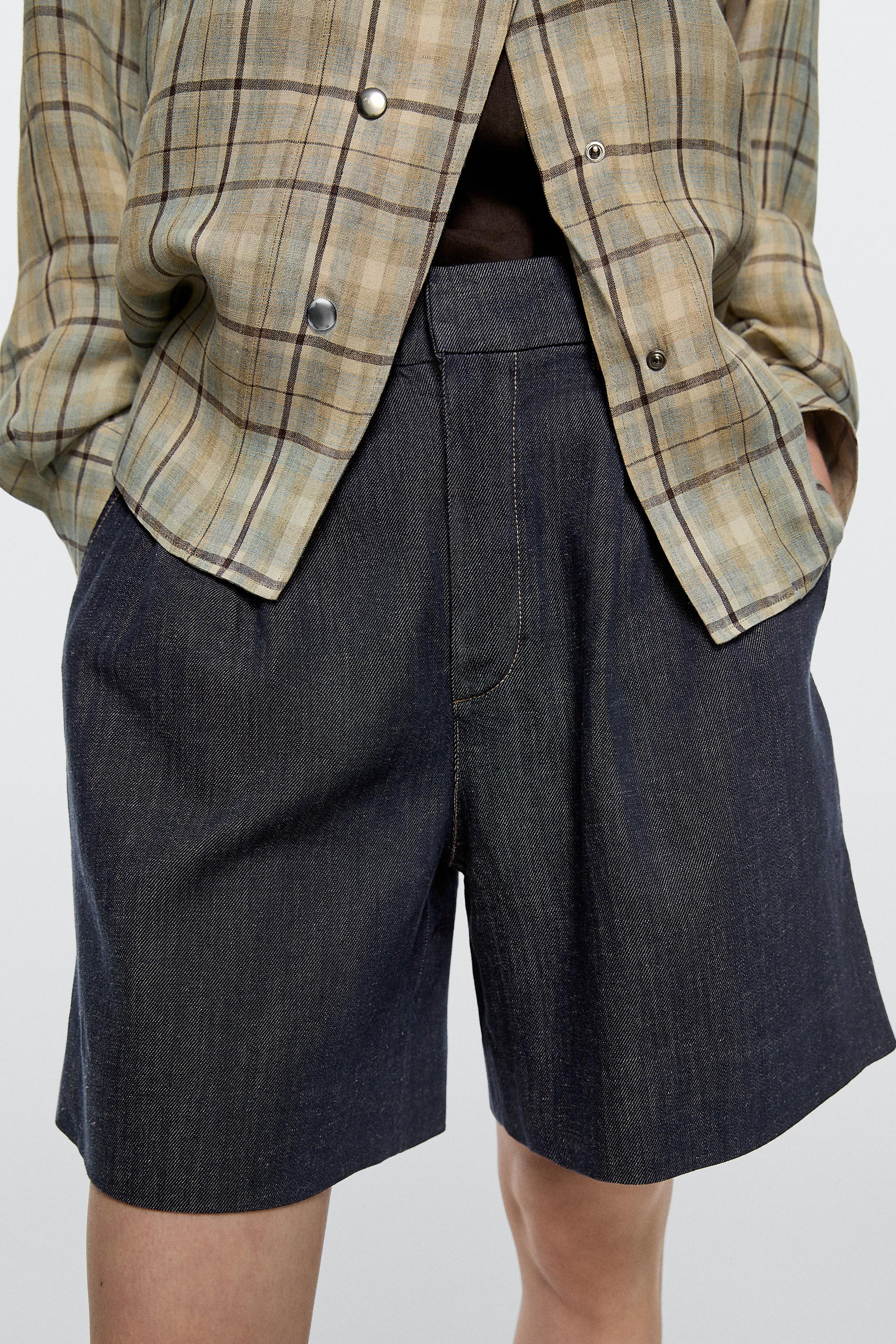 Cotton denim Bermuda shorts with topstitching — DARK BLUE