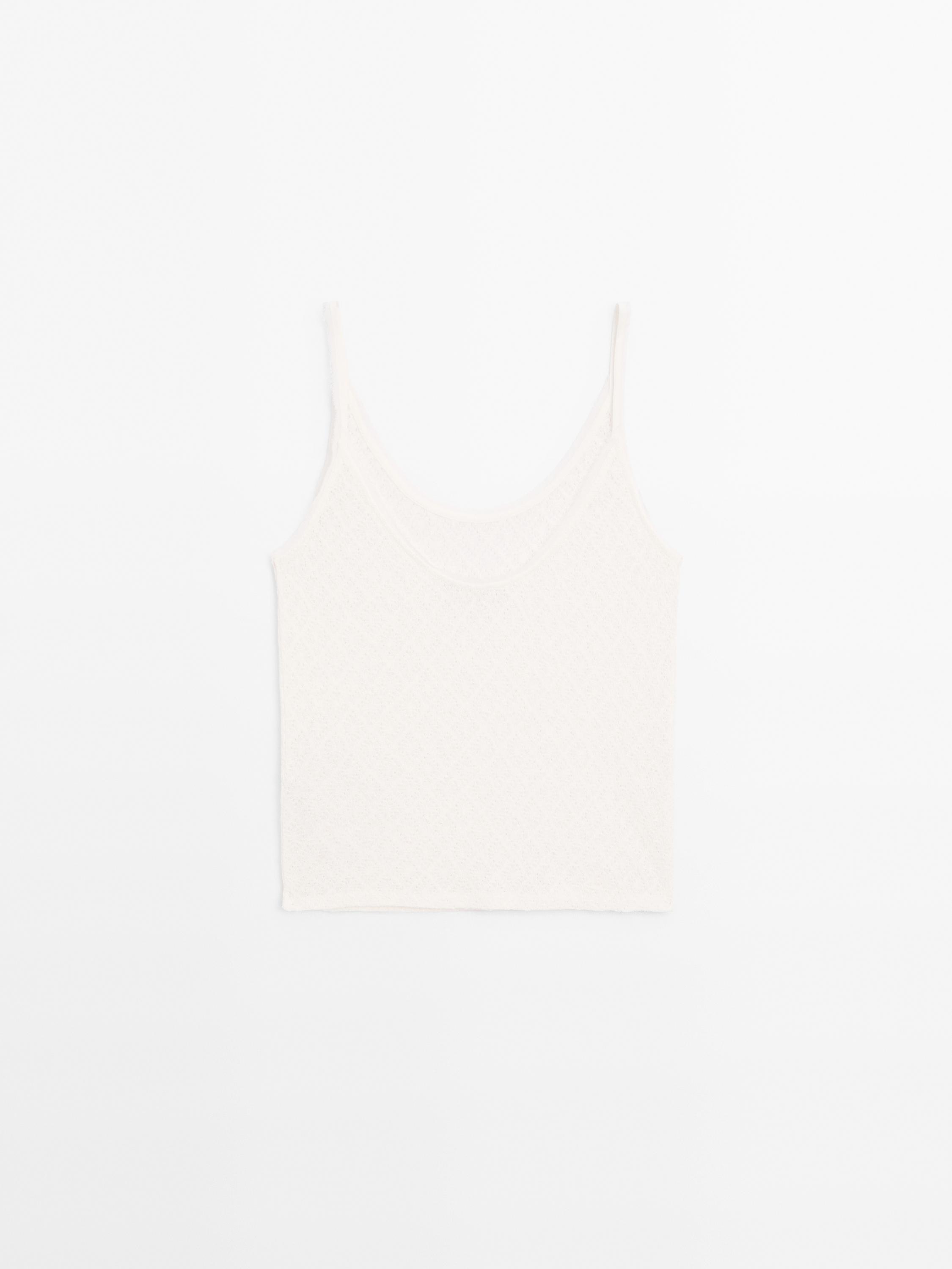 Openwork strappy linen blend top