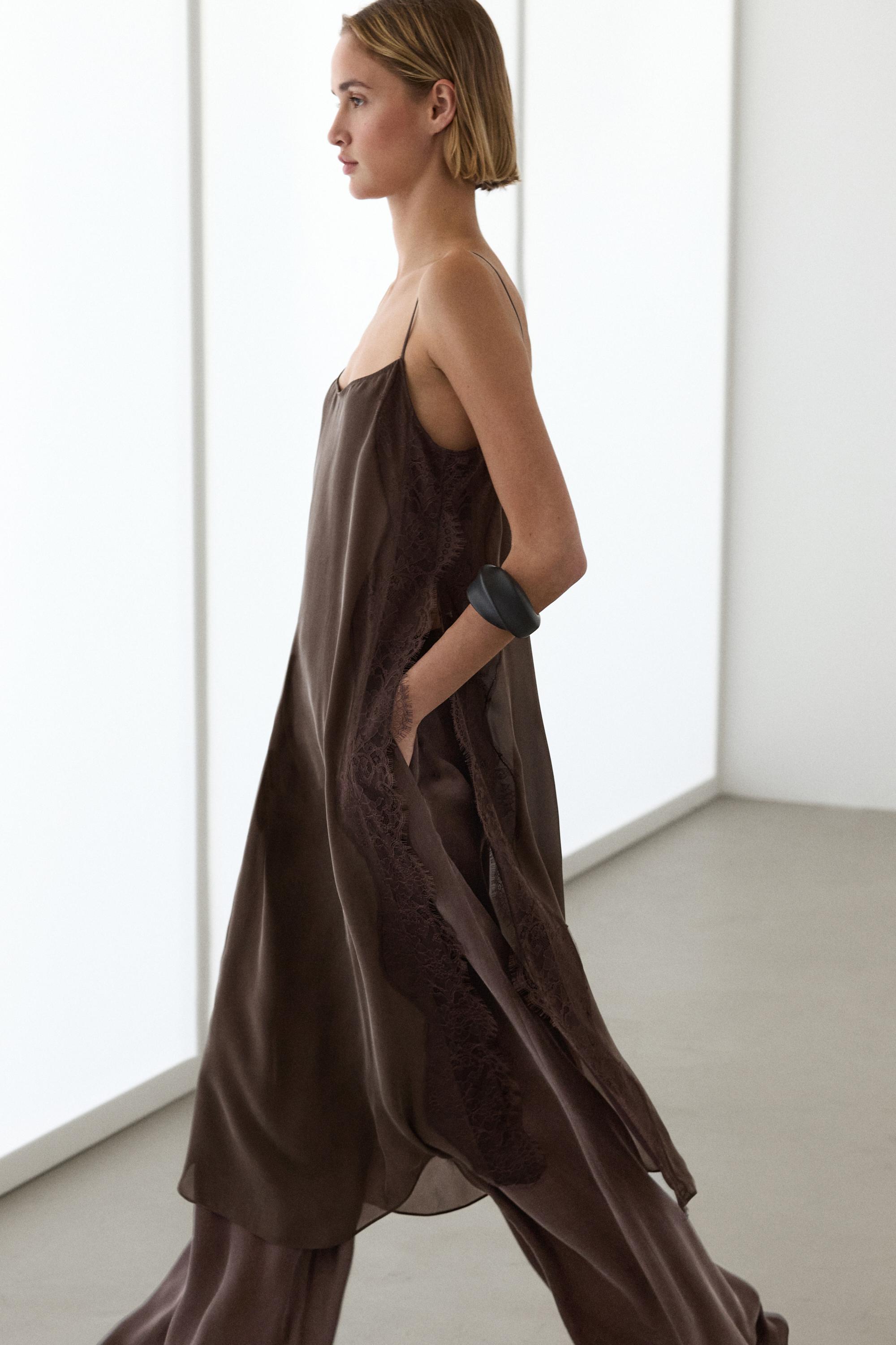 Total look camisole dress with lace detail — Chocolate